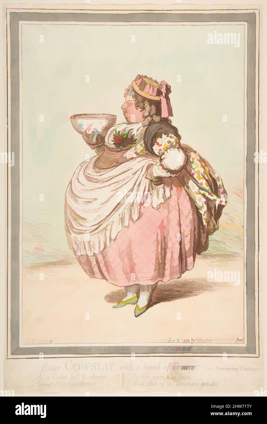 Kunst inspiriert von Enter Cowslip mit einer Schüssel Creme. - Vide Brandenburg Theatricals, 13. Juni 1795, handkolorierte Radierung, Blatt (abgeschnittene Abdrücke): 13 3/16 x 8 7/8 Zoll (33,5 x 22,5 cm), Drucke, James Gillray (British, Chelsea 1756–1815 London, Klassische Werke, die von Artotop mit einem Schuss Moderne modernisiert wurden. Formen, Farbe und Wert, auffällige visuelle Wirkung auf Kunst. Emotionen durch Freiheit von Kunstwerken auf zeitgemäße Weise. Eine zeitlose Botschaft, die eine wild kreative neue Richtung verfolgt. Künstler, die sich dem digitalen Medium zuwenden und die Artotop NFT erschaffen Stockfoto