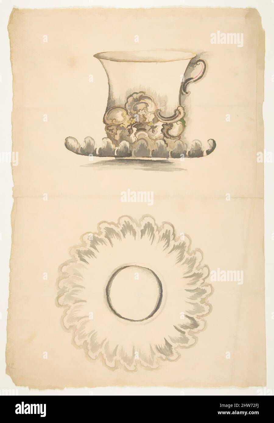 Art Inspired by Design for a Cup and tasse, 19. Century, Pen and ink with wash on laid paper, sheet: 12 3/16 x 8 1/16 in. (31 x 20,5 cm), Anonym, Französisch, 19. Jahrhundert, Klassische Werke, die von Artotop mit einem Schuss Moderne modernisiert wurden. Formen, Farbe und Wert, auffällige visuelle Wirkung auf Kunst. Emotionen durch Freiheit von Kunstwerken auf zeitgemäße Weise. Eine zeitlose Botschaft, die eine wild kreative neue Richtung verfolgt. Künstler, die sich dem digitalen Medium zuwenden und die Artotop NFT erschaffen Stockfoto