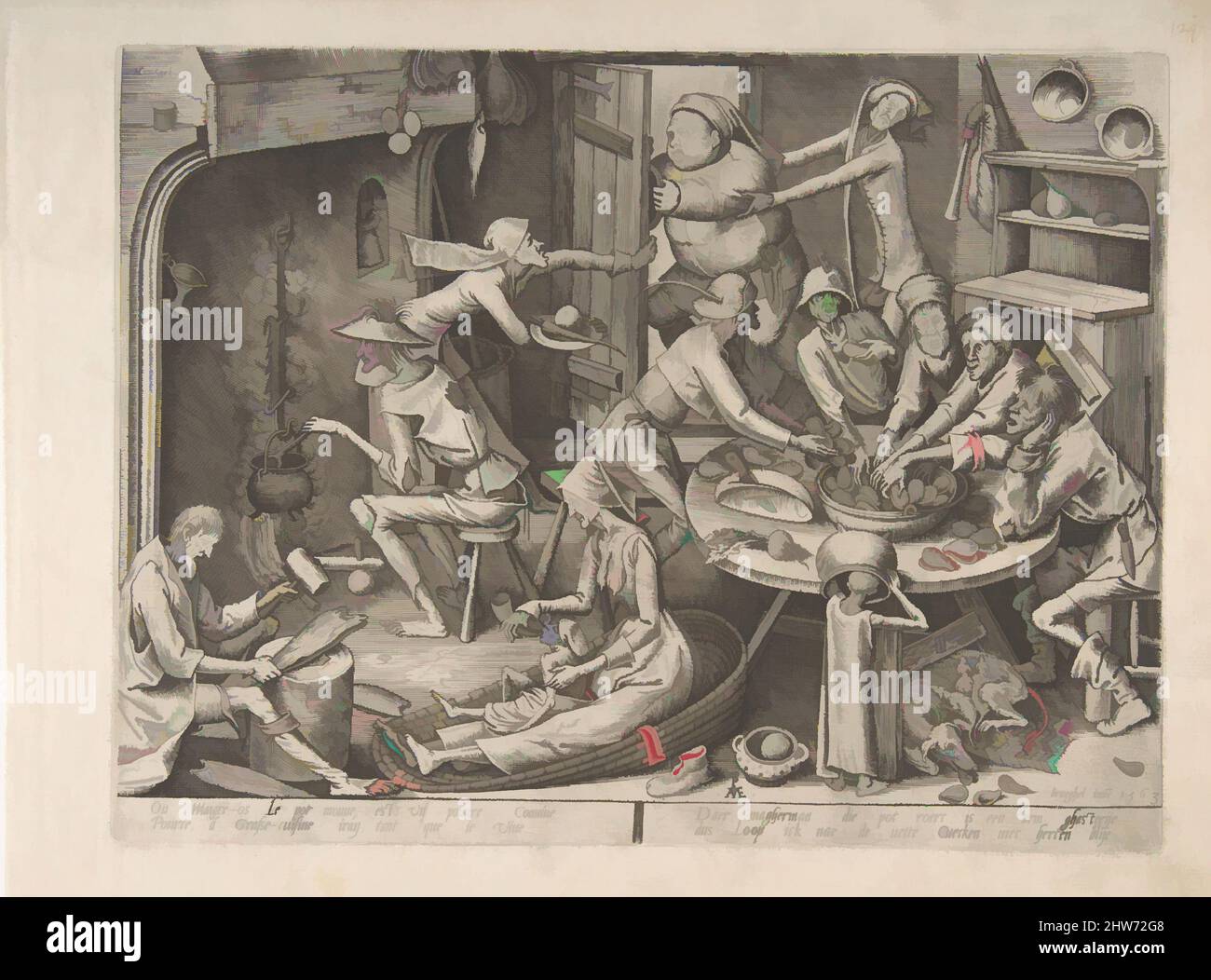 Kunst inspiriert von der dünnen Küche, 1563, Gravur; erster Zustand, Teller: 8 3/4 x 11 1/2 Zoll (22,2 x 29,2 cm), Drucke, nach Pieter Bruegel dem Älteren (Niederländisch, Breda (?) Ca. 1525–1569 Brüssel), Pieter van der Heyden (Niederländisch, ca. 1525–1569, von Artotop modernisierte klassische Werke mit einem Schuss Moderne. Formen, Farbe und Wert, auffällige visuelle Wirkung auf Kunst. Emotionen durch Freiheit von Kunstwerken auf zeitgemäße Weise. Eine zeitlose Botschaft, die eine wild kreative neue Richtung verfolgt. Künstler, die sich dem digitalen Medium zuwenden und die Artotop NFT erschaffen Stockfoto