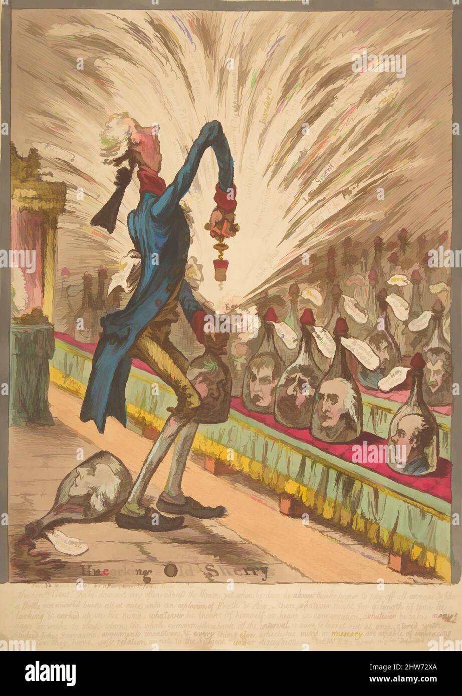 Art inspired by Uncorking Old Sherry, 10. März 1805, handkolorierte Radierung, Platte: 14 1/16 x 10 Zoll (35,7 x 25,4 cm), Drucke, James Gillray (British, Chelsea 1756–1815 London, Klassische Werke, die von Artotop mit einem Schuss Moderne modernisiert wurden. Formen, Farbe und Wert, auffällige visuelle Wirkung auf Kunst. Emotionen durch Freiheit von Kunstwerken auf zeitgemäße Weise. Eine zeitlose Botschaft, die eine wild kreative neue Richtung verfolgt. Künstler, die sich dem digitalen Medium zuwenden und die Artotop NFT erschaffen Stockfoto