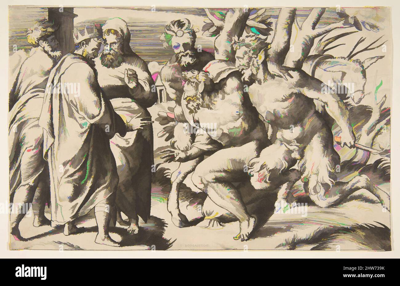 Kunst inspiriert von zwei Satyrs, die Silenus King Midas links stehen, 1531–76, Gravur, Blatt: 5 1/2 x 8 9/16 Zoll (13,9 x 21,8 cm), Drucke, Giulio Bonasone (italienisch, aktives Rom und Bologna, 1531–nach 1576, Klassische Werke, die von Artotop mit einem Schuss Moderne modernisiert wurden. Formen, Farbe und Wert, auffällige visuelle Wirkung auf Kunst. Emotionen durch Freiheit von Kunstwerken auf zeitgemäße Weise. Eine zeitlose Botschaft, die eine wild kreative neue Richtung verfolgt. Künstler, die sich dem digitalen Medium zuwenden und die Artotop NFT erschaffen Stockfoto
