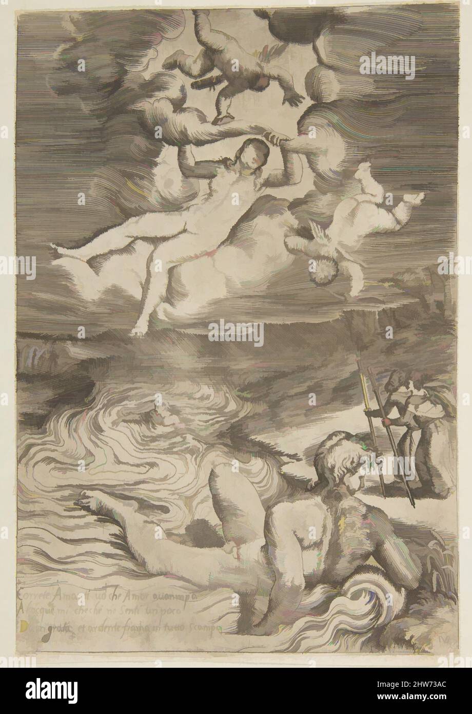 Kunst inspiriert von Venus, die mit Putti in den Wolken umfällt, von 'die Liebe der Götter', ca. 1531–76, Gravieren, Blatt: 6 5/8 x 4 3/8 Zoll (16,8 x 11,1 cm), Drucke, Giulio Bonasone (italienisch, aktives Rom und Bologna, 1531–nach 1576, Klassische Werke, die von Artotop mit einem Schuss Moderne modernisiert wurden. Formen, Farbe und Wert, auffällige visuelle Wirkung auf Kunst. Emotionen durch Freiheit von Kunstwerken auf zeitgemäße Weise. Eine zeitlose Botschaft, die eine wild kreative neue Richtung verfolgt. Künstler, die sich dem digitalen Medium zuwenden und die Artotop NFT erschaffen Stockfoto