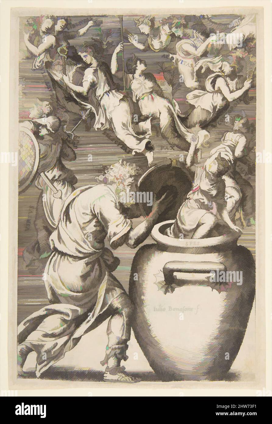 Kunst inspiriert von Epimetheus beim Öffnen der Büchse der Pandora, 1531–76, Gravur, Teller: 6 9/16 × 4 5/16 in. (16,7 × 11 cm), Drucke, Giulio Bonasone (italienisch, aktives Rom und Bologna, 1531–nach 1576, Klassische Werke, die von Artotop mit einem Schuss Moderne modernisiert wurden. Formen, Farbe und Wert, auffällige visuelle Wirkung auf Kunst. Emotionen durch Freiheit von Kunstwerken auf zeitgemäße Weise. Eine zeitlose Botschaft, die eine wild kreative neue Richtung verfolgt. Künstler, die sich dem digitalen Medium zuwenden und die Artotop NFT erschaffen Stockfoto