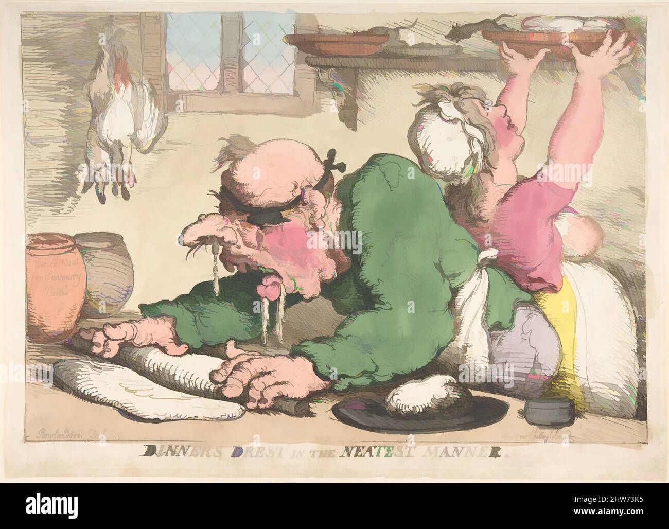 Art inspired by Dinners Drest in the Neatest Manner, October 1811, handkolorierte Radierung, Blatt: 9 13/16 x 13 3/4 Zoll (25 x 35 cm), Prints, Thomas Rowlandson (British, London 1757–1827 London), Rowlandson thematisiert das Dilemma aller, die auswärts essen – das Mysterium dessen, was geschieht, von Artotop modernisierte Classic Works mit einem Schuss Moderne. Formen, Farbe und Wert, auffällige visuelle Wirkung auf Kunst. Emotionen durch Freiheit von Kunstwerken auf zeitgemäße Weise. Eine zeitlose Botschaft, die eine wild kreative neue Richtung verfolgt. Künstler, die sich dem digitalen Medium zuwenden und die Artotop NFT erschaffen Stockfoto