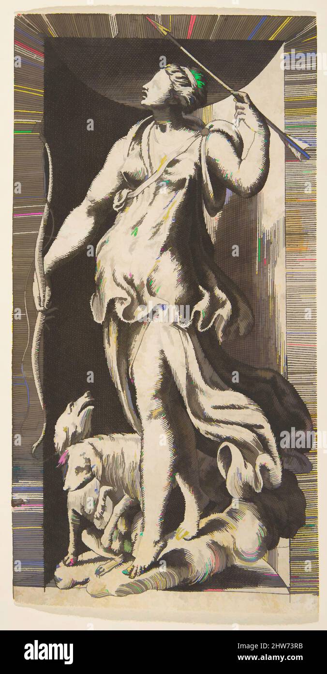 Kunst inspiriert von Diana, der Jägerin, begleitet von ihren Hunden, die in einer Nische stehen, 16. Jahrhundert, Gravur, Blatt: 6 5/8 x 3 3/8 Zoll (16,9 x 8,6 cm), Drucke, Giulio Bonasone (italienisch, aktives Rom und Bologna, 1531–nach 1576, Klassische Werke, die von Artotop mit einem Schuss Moderne modernisiert wurden. Formen, Farbe und Wert, auffällige visuelle Wirkung auf Kunst. Emotionen durch Freiheit von Kunstwerken auf zeitgemäße Weise. Eine zeitlose Botschaft, die eine wild kreative neue Richtung verfolgt. Künstler, die sich dem digitalen Medium zuwenden und die Artotop NFT erschaffen Stockfoto