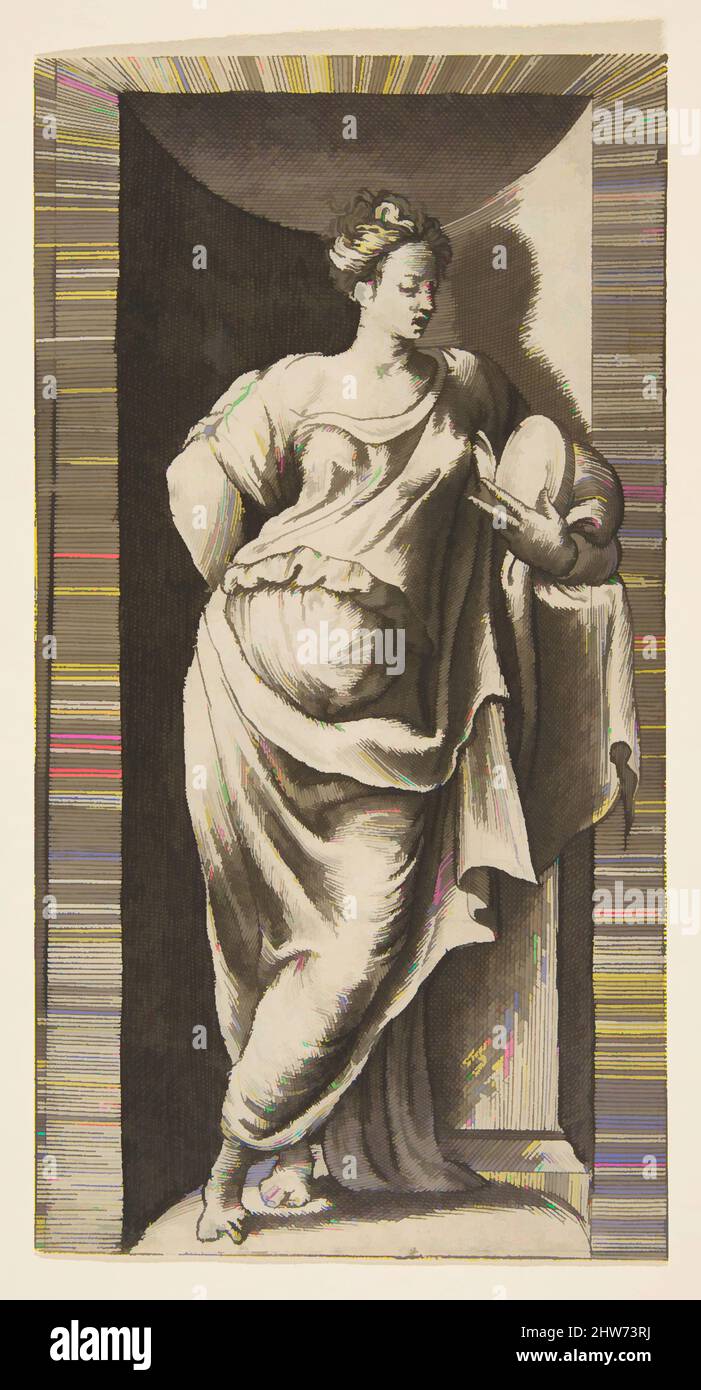 Kunst inspiriert von Einer Muse, die in einer Nische steht, linker Arm, der in einer Kante ruht, ca. 1531–76, Gravieren, Blatt: 6 5/16 x 3 3/8 Zoll (16 x 8,5 cm), Drucke, Giulio Bonasone (italienisch, aktives Rom und Bologna, 1531–nach 1576, Klassische Werke, die von Artotop mit einem Schuss Moderne modernisiert wurden. Formen, Farbe und Wert, auffällige visuelle Wirkung auf Kunst. Emotionen durch Freiheit von Kunstwerken auf zeitgemäße Weise. Eine zeitlose Botschaft, die eine wild kreative neue Richtung verfolgt. Künstler, die sich dem digitalen Medium zuwenden und die Artotop NFT erschaffen Stockfoto