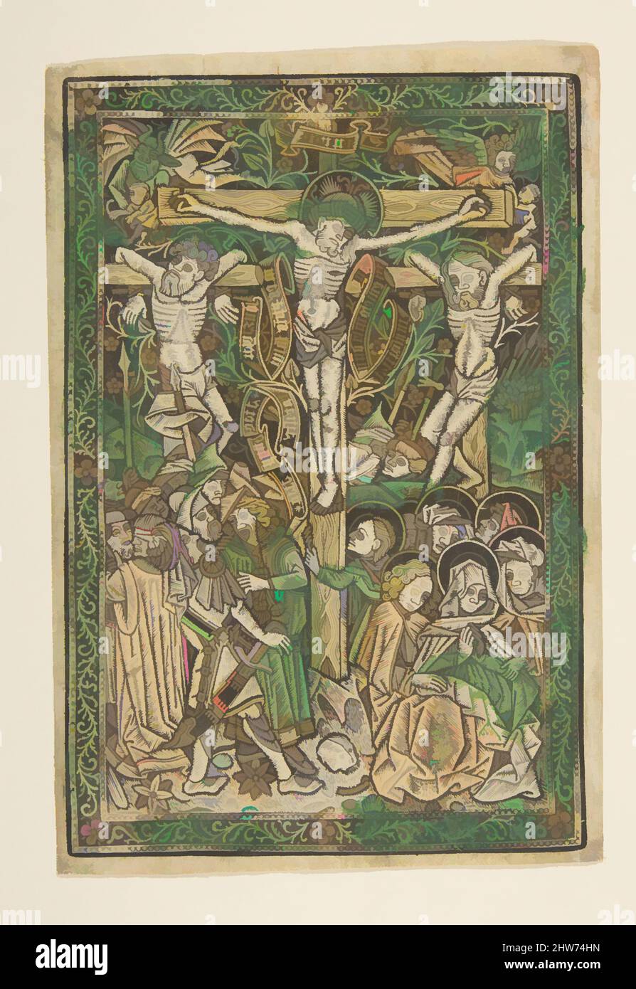 Kunst inspiriert von der Kreuzigung, ca. 1475–1500, Metalcut, handfarbig in grün und rot, Platte: 6 5/8 x 4 7/16 Zoll (16,8 x 11,3 cm), Drucke, Anonym, Deutsch, Süddeutschland, 15.. Jahrhundert, Klassisches Werk, modernisiert von Artotop mit einem Schuss Moderne. Formen, Farbe und Wert, auffällige visuelle Wirkung auf Kunst. Emotionen durch Freiheit von Kunstwerken auf zeitgemäße Weise. Eine zeitlose Botschaft, die eine wild kreative neue Richtung verfolgt. Künstler, die sich dem digitalen Medium zuwenden und die Artotop NFT erschaffen Stockfoto