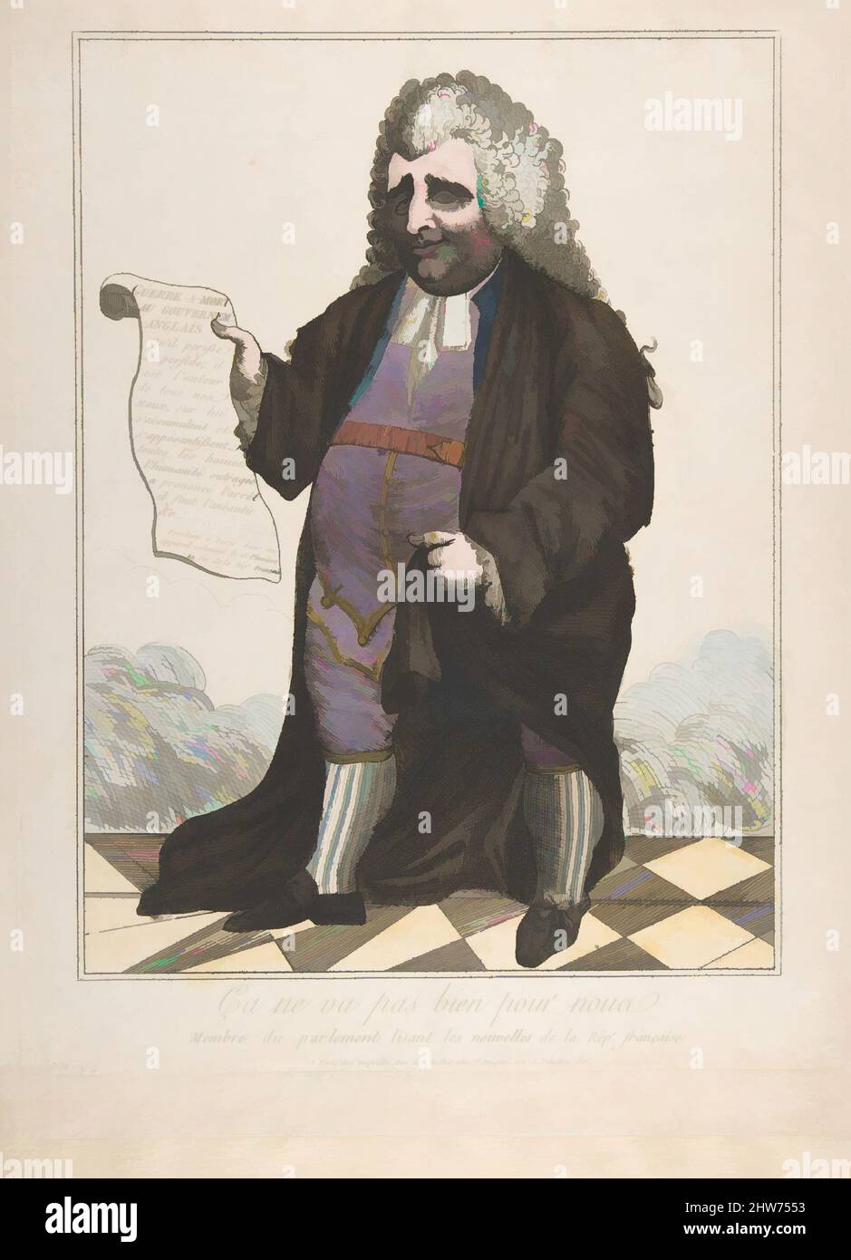 Kunst inspiriert von IT is not going well for US: A Member of Parliament Reading the News of the French Republic (Ça ne va pas bien pour nous: Membre du parlement lisant les nouvelles de la Republique française), Februar 1798, handkolorierte Radierung, Platte: 13 7/8 x 10 5/8 cm. (35,3 x 27 cm, Classic Works modernisiert von Artotop mit einem Schuss Modernität. Formen, Farbe und Wert, auffällige visuelle Wirkung auf Kunst. Emotionen durch Freiheit von Kunstwerken auf zeitgemäße Weise. Eine zeitlose Botschaft, die eine wild kreative neue Richtung verfolgt. Künstler, die sich dem digitalen Medium zuwenden und die Artotop NFT erschaffen Stockfoto