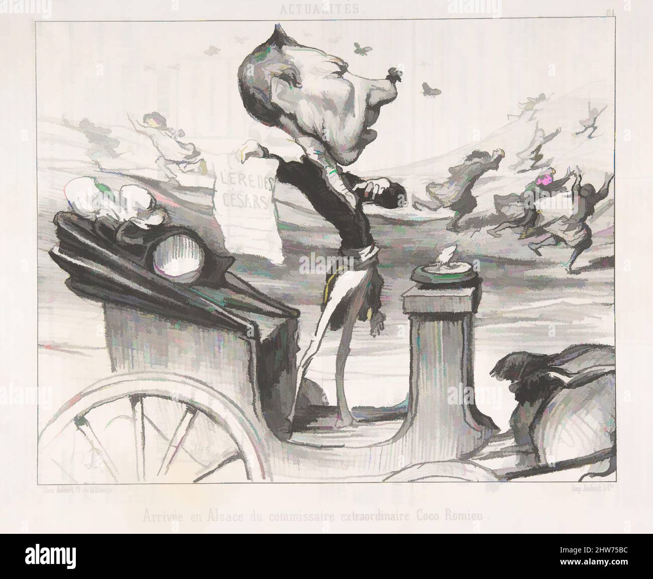 Kunst inspiriert von Arrivée en Alsace du comissaire extraordinaire Coco Romieu, veröffentlicht in Le Charivari, 28. Februar 1850, Lithographie, Blatt: 10 x 12 15/16 Zoll (25,4 x 32,8 cm), Drucke, Honoré Daumier (französisch, Marseille 1808–1879 Valmondois, Klassische Werke, die von Artotop mit einem Schuss Moderne modernisiert wurden. Formen, Farbe und Wert, auffällige visuelle Wirkung auf Kunst. Emotionen durch Freiheit von Kunstwerken auf zeitgemäße Weise. Eine zeitlose Botschaft, die eine wild kreative neue Richtung verfolgt. Künstler, die sich dem digitalen Medium zuwenden und die Artotop NFT erschaffen Stockfoto