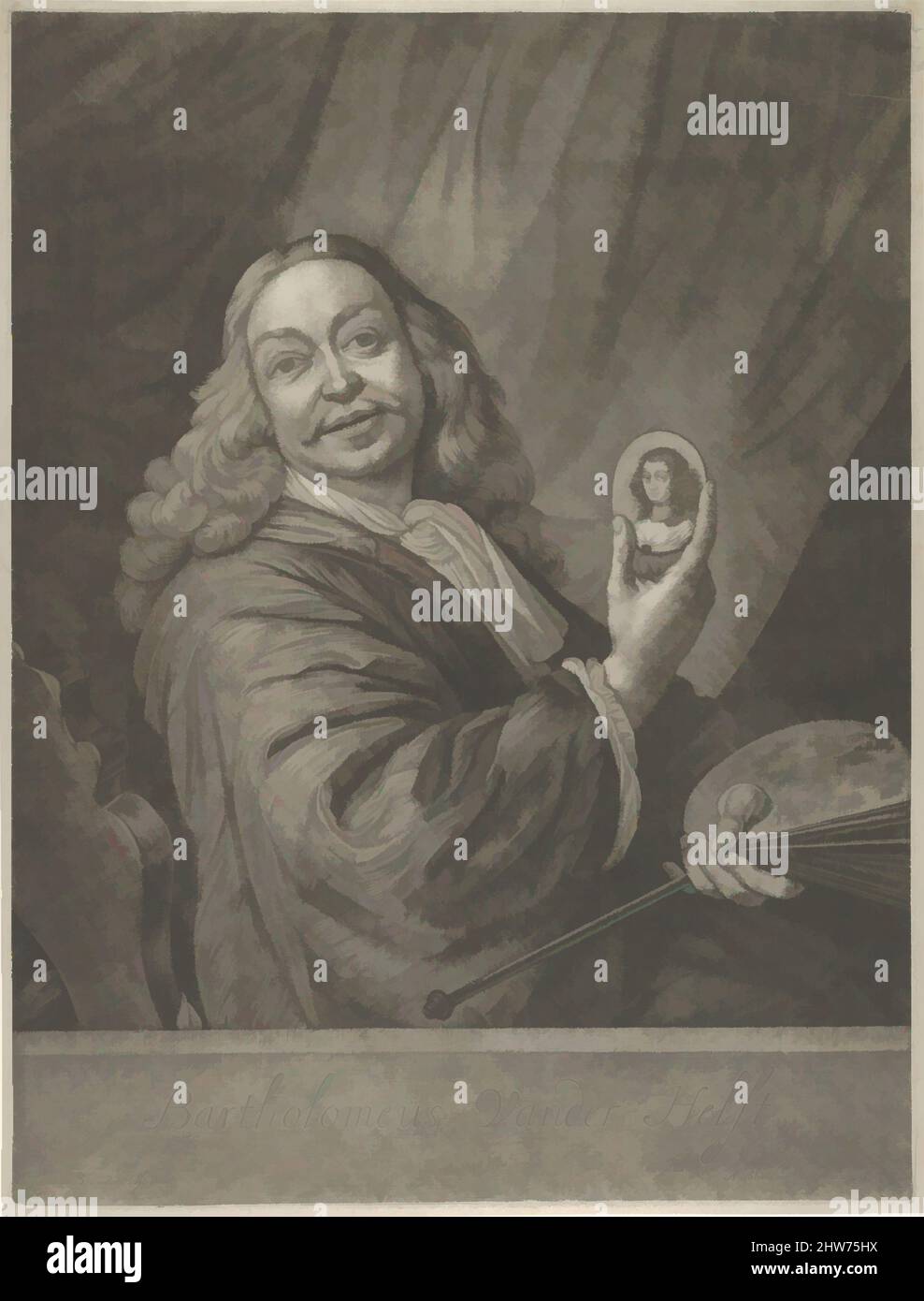 Kunst inspiriert von Bartholomeus van der Helst, ca. 1670, Mezzotint; zweiter Zustand, Druckgraphik, Abraham Blooteling (Niederländisch, 1640–1690), nach Bartholomeus van der Helst (Niederländisch, Haarlem, geboren ca. 1612–15, gestorben 1670 Amsterdam, Klassisches Werk, modernisiert von Artotop mit einem Schuss Moderne. Formen, Farbe und Wert, auffällige visuelle Wirkung auf Kunst. Emotionen durch Freiheit von Kunstwerken auf zeitgemäße Weise. Eine zeitlose Botschaft, die eine wild kreative neue Richtung verfolgt. Künstler, die sich dem digitalen Medium zuwenden und die Artotop NFT erschaffen Stockfoto