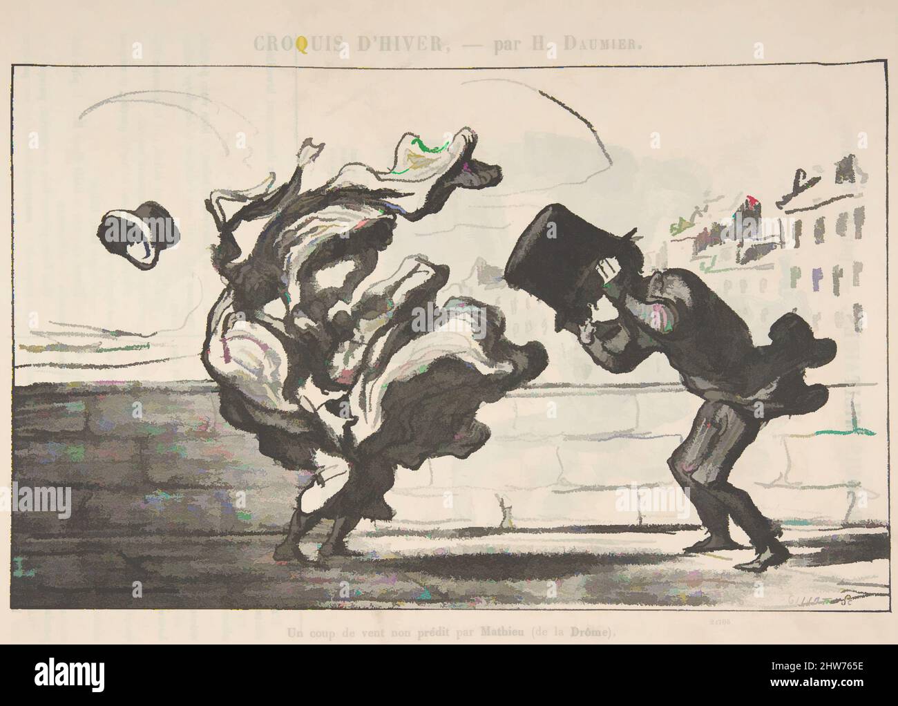 Art inspired by UN Coup de Vent non Prédit par Mathieu (de la Drôme), Platte 1 von Croquis d'Hiver, veröffentlicht in le Petit Journal pour rire, 3. Dezember 1864, Lithographie, Blatt: Ca. 8 1/8 x 11 3/4 Zoll (20,7 x 29,9 cm), Drucke, Honoré Daumier (französisch, Marseille 1808–1879 Valmondois, Klassische Werke, die von Artotop mit einem Schuss Moderne modernisiert wurden. Formen, Farbe und Wert, auffällige visuelle Wirkung auf Kunst. Emotionen durch Freiheit von Kunstwerken auf zeitgemäße Weise. Eine zeitlose Botschaft, die eine wild kreative neue Richtung verfolgt. Künstler, die sich dem digitalen Medium zuwenden und die Artotop NFT erschaffen Stockfoto