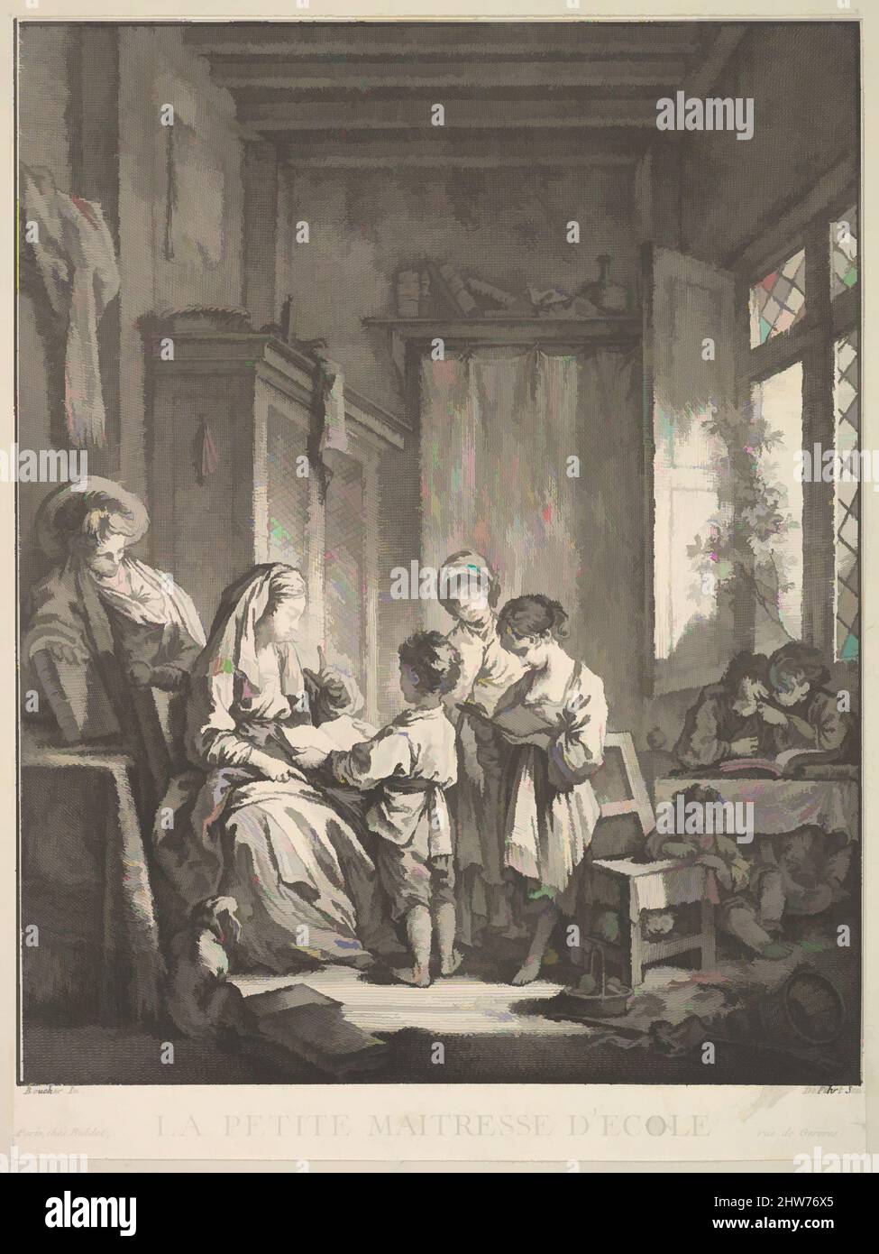 Kunst inspiriert von der kleinen Schulmeisterin, Mitte bis Ende des 18.. Jahrhunderts, Radierung und Gravur, Blatt (beschnitten): 10 5/8 × 7 15/16 Zoll (27 × 20,2 cm), Drucke, A. J. Defehrt (Französisch (geboren in Dänemark), Huring 1723–1774), After François Boucher (Französisch, Paris 1703–1770 Paris, Klassische Werke, die von Artotop mit einem Schuss Moderne modernisiert wurden. Formen, Farbe und Wert, auffällige visuelle Wirkung auf Kunst. Emotionen durch Freiheit von Kunstwerken auf zeitgemäße Weise. Eine zeitlose Botschaft, die eine wild kreative neue Richtung verfolgt. Künstler, die sich dem digitalen Medium zuwenden und die Artotop NFT erschaffen Stockfoto