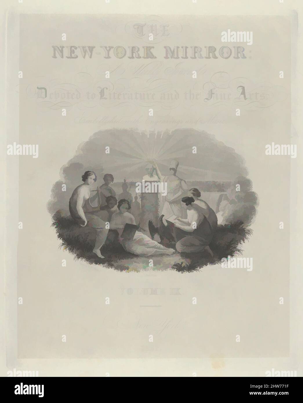 Art Inspired by Title Page: The New York Mirror, A Weekly Journal, Devoted to Literature and the Fine Arts. Embellished with Engravings and Music, Volume IX, 1831, Engraving on Chine collé, teller: 10 3/8 x 8 7/16 in. (26,3 x 21,4 cm), Drucke, Asher Brown Durand (Amerikaner, Jefferson, Classic Works modernisiert von Artotop mit einem Schuss Moderne. Formen, Farbe und Wert, auffällige visuelle Wirkung auf Kunst. Emotionen durch Freiheit von Kunstwerken auf zeitgemäße Weise. Eine zeitlose Botschaft, die eine wild kreative neue Richtung verfolgt. Künstler, die sich dem digitalen Medium zuwenden und die Artotop NFT erschaffen Stockfoto