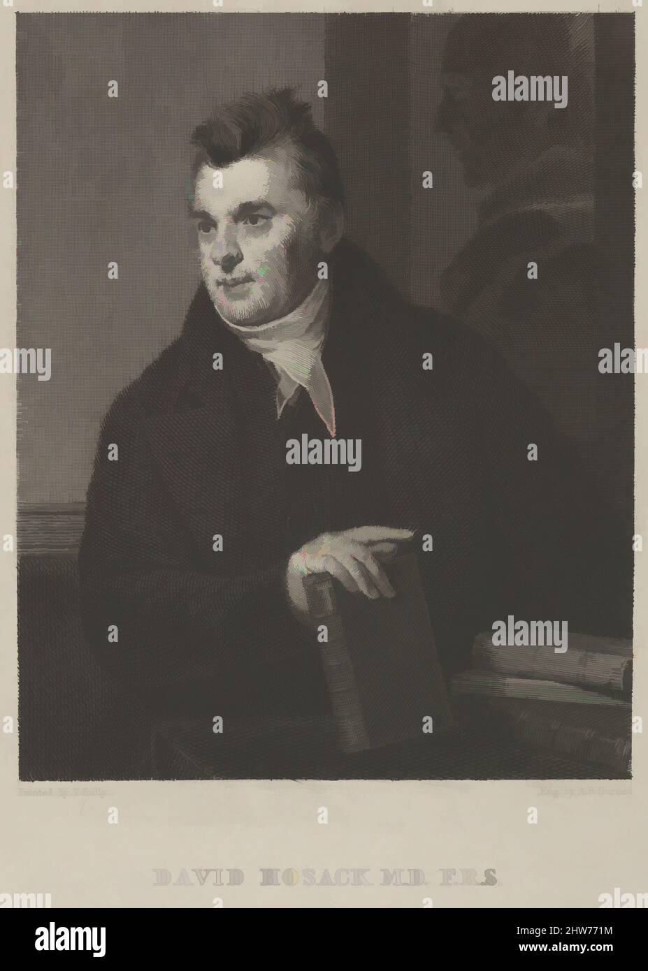 Art inspired by David Hosack, M.D., F.R.S., 1834, Engraving on Chine collé; Second State of Two, teller: 9 11/16 x 6 5/8 in. (24,6 x 16,8 cm), Drucke, Asher Brown Durand (amerikanisch, Jefferson, New Jersey 1796–1886 Maplewood, New Jersey), After Thomas Sully (amerikanisch, Horncastle, Klassisches Werk, das von Artotop mit einem Schuss Moderne modernisiert wurde. Formen, Farbe und Wert, auffällige visuelle Wirkung auf Kunst. Emotionen durch Freiheit von Kunstwerken auf zeitgemäße Weise. Eine zeitlose Botschaft, die eine wild kreative neue Richtung verfolgt. Künstler, die sich dem digitalen Medium zuwenden und die Artotop NFT erschaffen Stockfoto