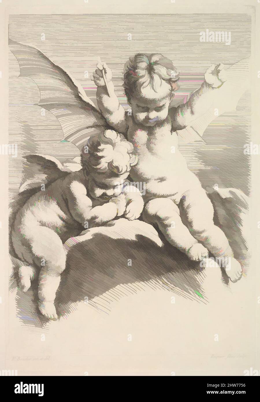 Kunst inspiriert von zwei Cupids, einer mit Fledermaus-Flügeln, Mitte bis Ende des 18.. Jahrhunderts, Radierung und Gravur, Blatt: 18 Zoll × 11 15/16 Zoll (45,7 × 30,3 cm), Drucke, Jacques Gabriel Huquier (Französisch, Paris 1730–1805 Shrewsbury), After François Boucher (Französisch, Paris 1703–1770 Paris, Klassische Werke, die von Artotop mit einem Schuss Moderne modernisiert wurden. Formen, Farbe und Wert, auffällige visuelle Wirkung auf Kunst. Emotionen durch Freiheit von Kunstwerken auf zeitgemäße Weise. Eine zeitlose Botschaft, die eine wild kreative neue Richtung verfolgt. Künstler, die sich dem digitalen Medium zuwenden und die Artotop NFT erschaffen Stockfoto