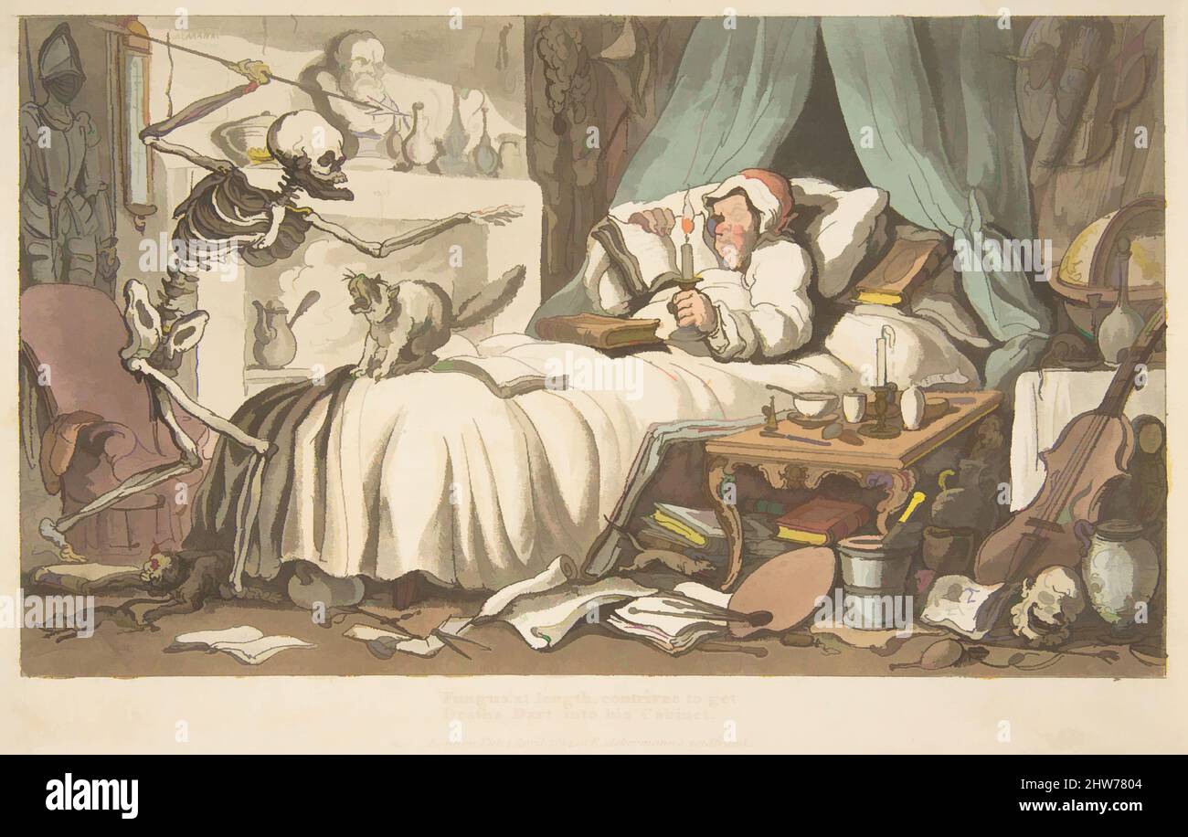 Kunst inspiriert durch den letzten Willen und das Testament des Antiquars (The English Dance of Death, Tafel 2), 1. April 1814, Radierung und Aquatinta mit Aquarell, Bild: 4 13/16 x 8 1/4 Zoll (12,2 x 21 cm), Drucke, Thomas Rowlandson (British, London 1757–1827 London, Klassische Werke, die von Artotop mit einem Schuss Moderne modernisiert wurden. Formen, Farbe und Wert, auffällige visuelle Wirkung auf Kunst. Emotionen durch Freiheit von Kunstwerken auf zeitgemäße Weise. Eine zeitlose Botschaft, die eine wild kreative neue Richtung verfolgt. Künstler, die sich dem digitalen Medium zuwenden und die Artotop NFT erschaffen Stockfoto