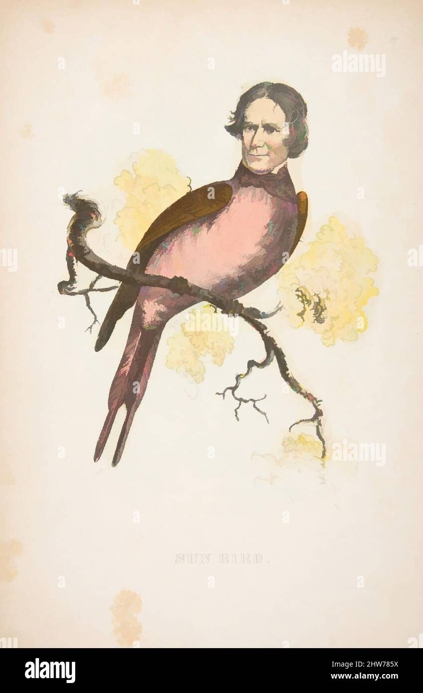 Kunst inspiriert von Sun Bird (James S. Wallace), aus der Comic-Naturgeschichte der menschlichen Rasse, 1851, Farblithographie mit Aquarell und Kaugummi, Blatt: 10 13/16 x 7 1/16 Zoll (27,5 x 18 cm), Drucke, Henry Louis Stephens (amerikanisch, Philadelphia, Pennsylvania 1824–1882 Bayonne, New Jersey, Klassisches Werk, das von Artotop mit einem Schuss Moderne modernisiert wurde. Formen, Farbe und Wert, auffällige visuelle Wirkung auf Kunst. Emotionen durch Freiheit von Kunstwerken auf zeitgemäße Weise. Eine zeitlose Botschaft, die eine wild kreative neue Richtung verfolgt. Künstler, die sich dem digitalen Medium zuwenden und die Artotop NFT erschaffen Stockfoto