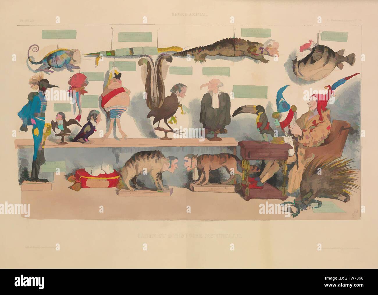 Kunst inspiriert von Animal Kingdom: Natural History Cabinet (Règne animal: Cabinet d'histoire naturelle), aus La Caricature, Platten 265 und 266, 18. April 1833, Lithograph, handfarbig, Bild: 11 1/4 × 14 3/8 Zoll (28,6 × 36,5 cm), Drucke, J. J. Grandville (Französisch, Nancy 1803–1847 Vanves, Klassische Werke, die von Artotop mit einem Schuss Moderne modernisiert wurden. Formen, Farbe und Wert, auffällige visuelle Wirkung auf Kunst. Emotionen durch Freiheit von Kunstwerken auf zeitgemäße Weise. Eine zeitlose Botschaft, die eine wild kreative neue Richtung verfolgt. Künstler, die sich dem digitalen Medium zuwenden und die Artotop NFT erschaffen Stockfoto