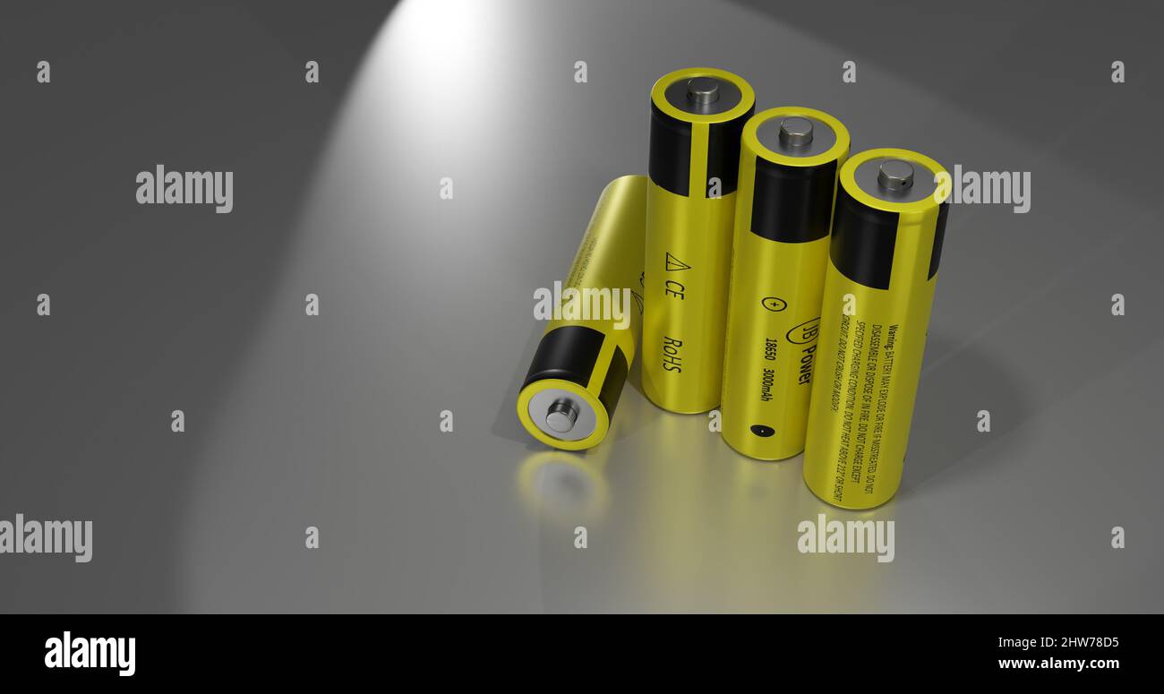 Gelbe Lithium-Ionen-Zellen auf weißem Hintergrund Stockfoto