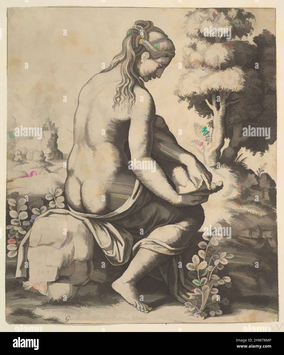 Kunst inspiriert von Venus, die einen Dorn aus ihrem Fuß entfernt, 1532, Gravur, Blatt: 7 1/2 x 6 1/2 Zoll (19 x 16,5 cm), Druckgrafiken, Master of the die (italienisch, aktives Rom, ca. 1530–60, von Artotop modernisierte klassische Werke mit einem Schuss Moderne. Formen, Farbe und Wert, auffällige visuelle Wirkung auf Kunst. Emotionen durch Freiheit von Kunstwerken auf zeitgemäße Weise. Eine zeitlose Botschaft, die eine wild kreative neue Richtung verfolgt. Künstler, die sich dem digitalen Medium zuwenden und die Artotop NFT erschaffen Stockfoto