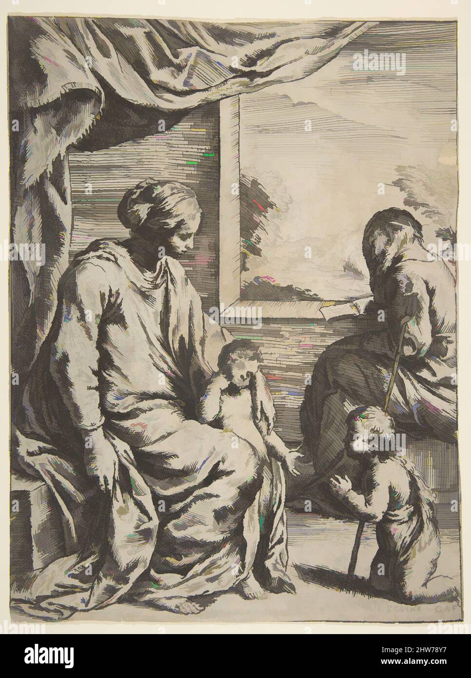 Art inspired by Holy Family with Saint John the Baptist, CA0–1660, Radierung, Blatt (beschnitten): 9 3/4 × 7 5/16 in. (24,8 × 18,6 cm), Drucke, nach Simone Cantarini (Italienisch, Pesaro 1612–1648 Verona, Klassische Werke, die von Artotop mit einem Schuss Moderne modernisiert wurden. Formen, Farbe und Wert, auffällige visuelle Wirkung auf Kunst. Emotionen durch Freiheit von Kunstwerken auf zeitgemäße Weise. Eine zeitlose Botschaft, die eine wild kreative neue Richtung verfolgt. Künstler, die sich dem digitalen Medium zuwenden und die Artotop NFT erschaffen Stockfoto