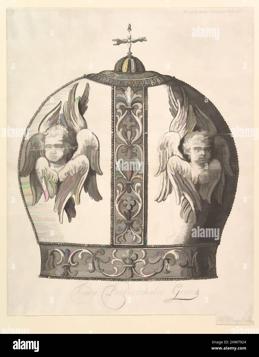 Kunst, inspiriert von Einer griechischen Patriarchalkrone – Tiara Patriarchalis Graeca (Aubry de La Mottraye's 'reist durch Europa, Asien und in einen Teil Afrikas...', London, 1724, Band I, Tafel 9), 1723–24, Radierung und Gravur; erster Zustand von drei, Blatt: 13 1/4 x 10 1/4 Zoll (33,7 x 26 cm, Classic Works modernisiert von Artotop mit einem Schuss Modernität. Formen, Farbe und Wert, auffällige visuelle Wirkung auf Kunst. Emotionen durch Freiheit von Kunstwerken auf zeitgemäße Weise. Eine zeitlose Botschaft, die eine wild kreative neue Richtung verfolgt. Künstler, die sich dem digitalen Medium zuwenden und die Artotop NFT erschaffen Stockfoto