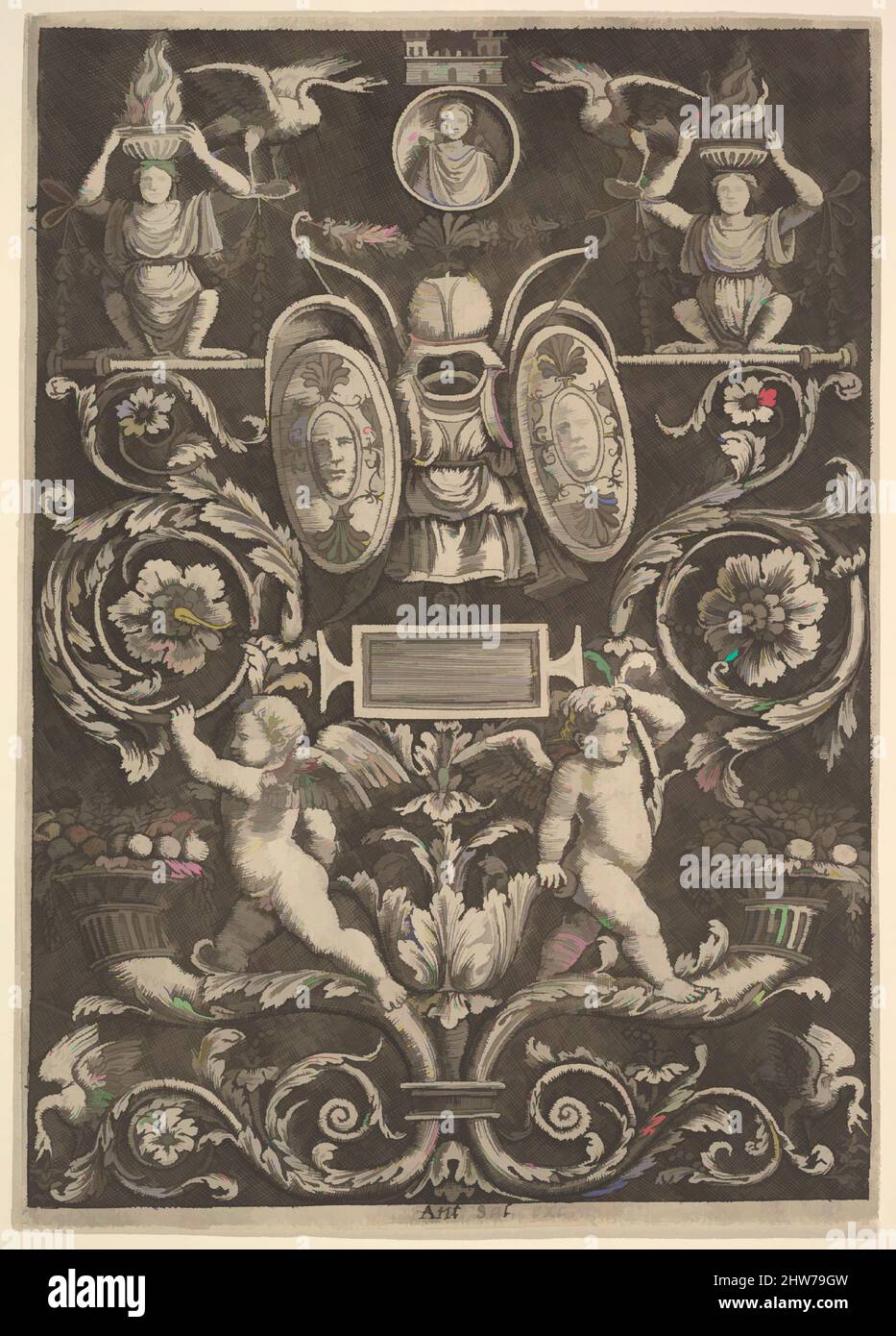 Kunst, inspiriert von Einer Ornamenttafel, Putti auf Füllhorn im unteren Teil, 1530–60, Gravur, Blatt: 8 1/4 x 5 7/8 Zoll (21 x 15 cm), Druckgrafiken, Master of the die (italienisch, aktives Rom, ca. 1530–60), After Perino del Vaga (Pietro Buonaccorsi) (Italienisch, Florenz 1501–1547 Rom, Klassische Werke, die von Artotop mit einem Schuss Moderne modernisiert wurden. Formen, Farbe und Wert, auffällige visuelle Wirkung auf Kunst. Emotionen durch Freiheit von Kunstwerken auf zeitgemäße Weise. Eine zeitlose Botschaft, die eine wild kreative neue Richtung verfolgt. Künstler, die sich dem digitalen Medium zuwenden und die Artotop NFT erschaffen Stockfoto