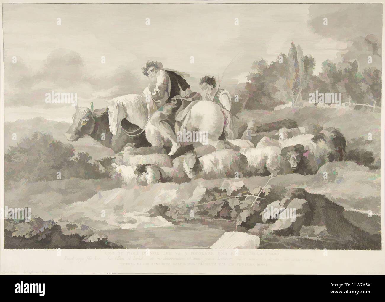 Kunst inspiriert von einem der Söhne Noahs, der einen Teil der Erde bevölkern wird, 18. Jahrhundert, Radierung, Bild: 12 5/8 x 19 5/16 Zoll (32 x 49 cm), Drucke, Pietro Monaco (Italienisch, 1707–1772), nach Giovanni Benedetto Castiglione (Il Grechetto) (Italienisch, Genua 1609–1664 Mantua, Klassische Werke, die von Artotop mit einem Schuss Moderne modernisiert wurden. Formen, Farbe und Wert, auffällige visuelle Wirkung auf Kunst. Emotionen durch Freiheit von Kunstwerken auf zeitgemäße Weise. Eine zeitlose Botschaft, die eine wild kreative neue Richtung verfolgt. Künstler, die sich dem digitalen Medium zuwenden und die Artotop NFT erschaffen Stockfoto