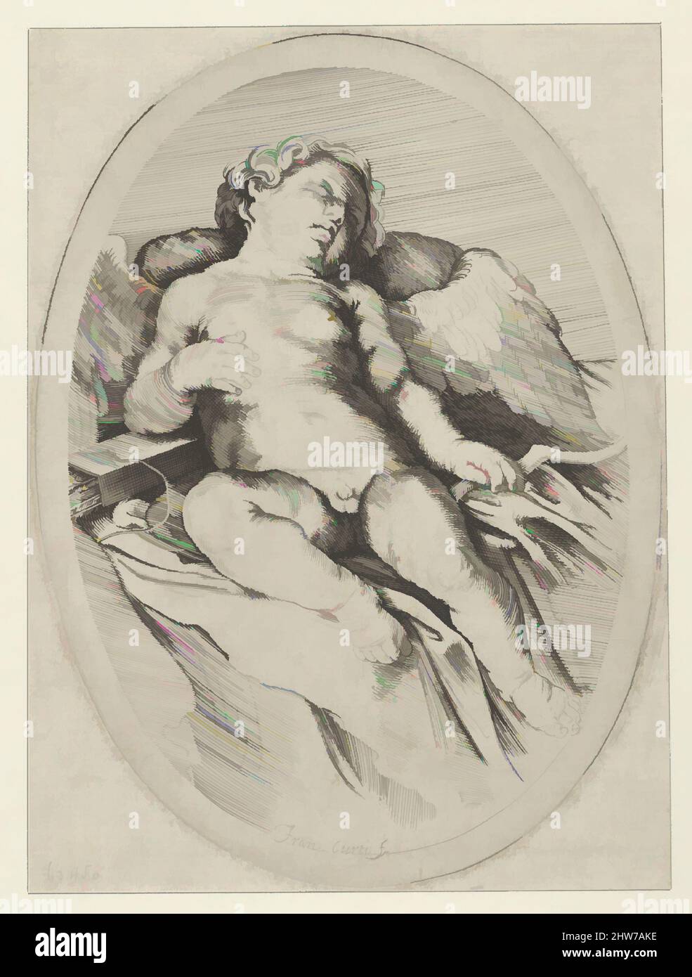 Kunst inspiriert von Amor schlafend, seinen rechten Arm auf seinen Köcher und seinen linken Arm auf seinen Bogen, eine ovale Komposition, nach Reni, 1640–60, Gravur, Blatt: 7 Zoll × 5 3/16 Zoll (17,8 × 13,1 cm), Drucke, Francesco Curti (Italienisch, 1603–1670), After Guido Reni (Italienisch, Bologna 1575–1642, Klassische Werke, die von Artotop mit einem Schuss Moderne modernisiert wurden. Formen, Farbe und Wert, auffällige visuelle Wirkung auf Kunst. Emotionen durch Freiheit von Kunstwerken auf zeitgemäße Weise. Eine zeitlose Botschaft, die eine wild kreative neue Richtung verfolgt. Künstler, die sich dem digitalen Medium zuwenden und die Artotop NFT erschaffen Stockfoto