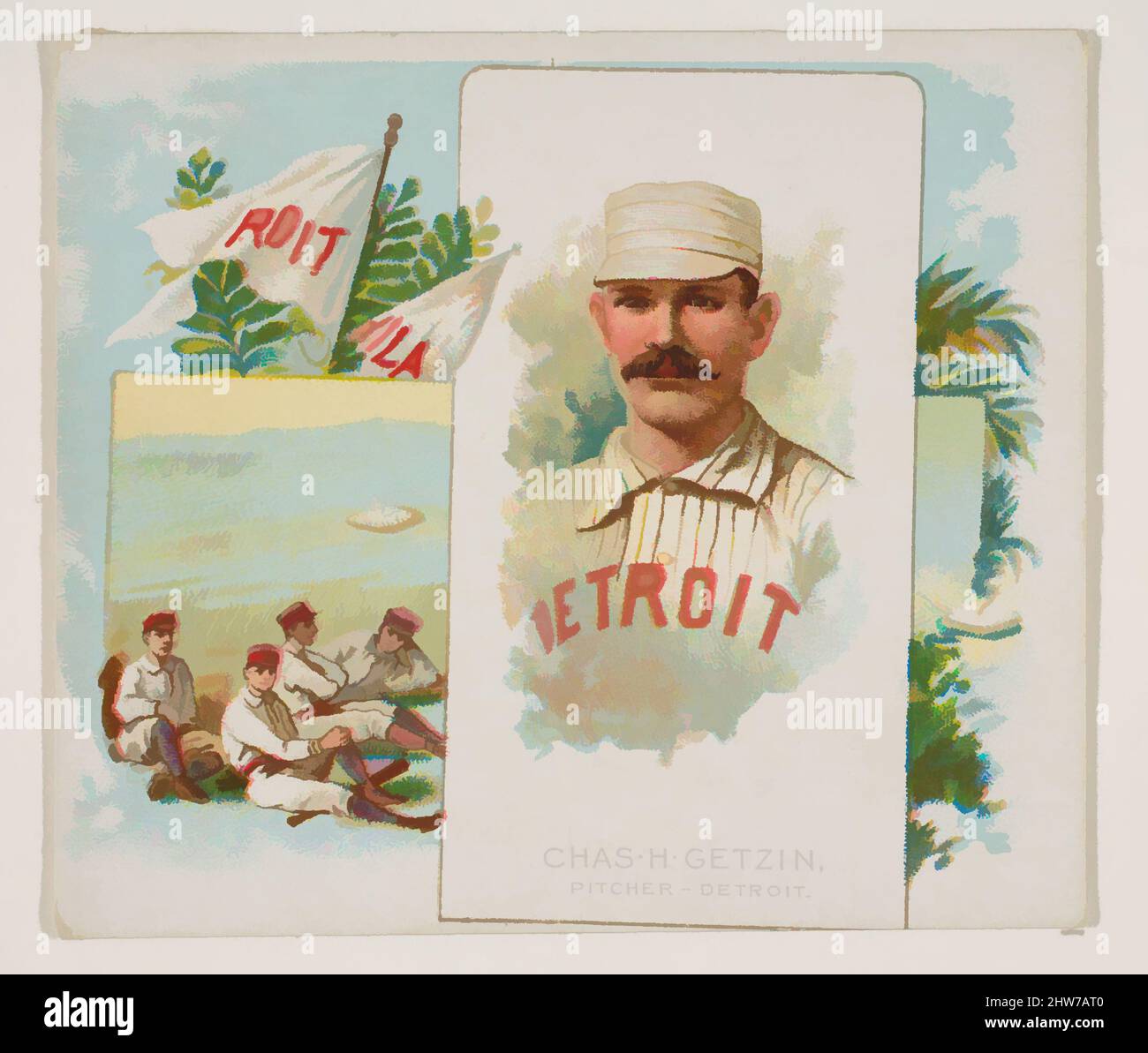 Kunst inspiriert von Charles H. Getzien, Pitcher, Detroit, von World's Champions, Second Series (N43) for Allen & Ginter Cigarettes, 1888, kommerzielle Lithographie, Blatt: 2 15/16 x 3 1/4 Zoll (7,4 x 8,3 cm), Pretzels' Getzien, Pitcher, Detroit Wolverines. Tauschen Sie Karten von „World's Champions, Classic Works Modernised by Artotop with a Splash of Modernity“ ein. Formen, Farbe und Wert, auffällige visuelle Wirkung auf Kunst. Emotionen durch Freiheit von Kunstwerken auf zeitgemäße Weise. Eine zeitlose Botschaft, die eine wild kreative neue Richtung verfolgt. Künstler, die sich dem digitalen Medium zuwenden und die Artotop NFT erschaffen Stockfoto