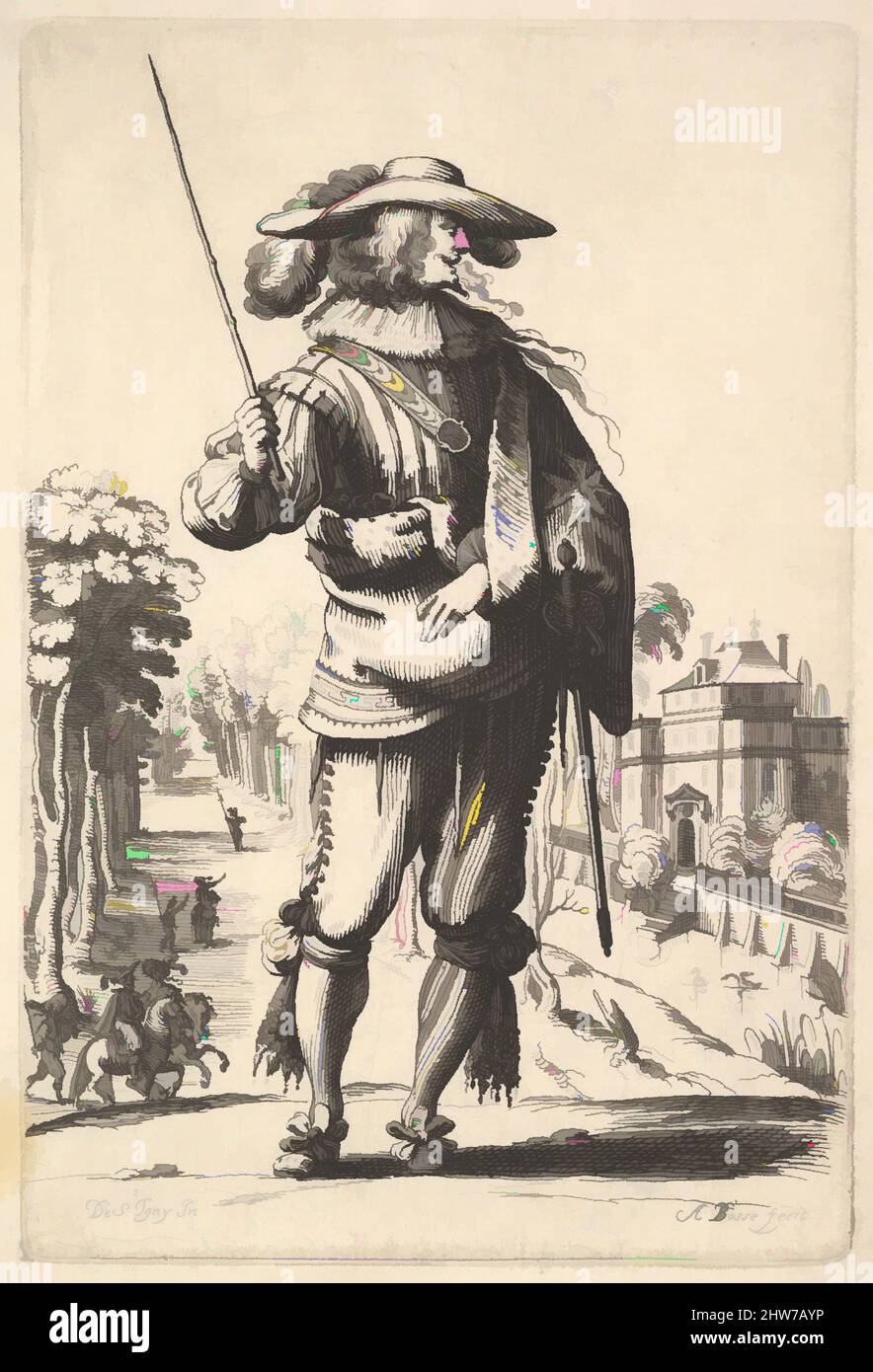 Kunst inspiriert von Einem Gentleman mit nach rechts gedrehtem Kopf im Profil, trägt einen plumierten Hut und einen Mantel mit dem Kreuz des Ordens des Heiligen Geistes, hält eine Peitsche in seiner rechten Hand und seinen linken Arm in einer Schlinge, 'La Jardin de la Noblesse Françoise dans lequel ce peut ceuillir, Klassische Werke, die von Artotop mit einem Schuss Moderne modernisiert wurden. Formen, Farbe und Wert, auffällige visuelle Wirkung auf Kunst. Emotionen durch Freiheit von Kunstwerken auf zeitgemäße Weise. Eine zeitlose Botschaft, die eine wild kreative neue Richtung verfolgt. Künstler, die sich dem digitalen Medium zuwenden und die Artotop NFT erschaffen Stockfoto