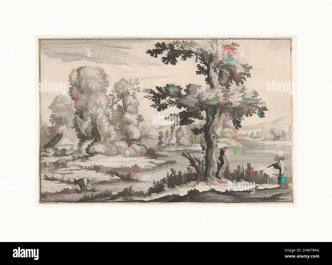 Kunst inspiriert von der Landschaft mit Ziegen, die in der Nähe eines Flusses grasen, und einer Figur im rechten Vordergrund, aus einer Serie von Landschaften, die dem Großherzog der Toskana gewidmet sind, 1638, Radierung, Blatt: 6 3/8 × 9 3/4 in. (16,2 × 24,8 cm), Drucke, Ercole Bazicaluva (italienisch, geboren Pisa (?), ca. 1600, Classic Works modernisiert von Artotop mit einem Schuss Moderne. Formen, Farbe und Wert, auffällige visuelle Wirkung auf Kunst. Emotionen durch Freiheit von Kunstwerken auf zeitgemäße Weise. Eine zeitlose Botschaft, die eine wild kreative neue Richtung verfolgt. Künstler, die sich dem digitalen Medium zuwenden und die Artotop NFT erschaffen Stockfoto