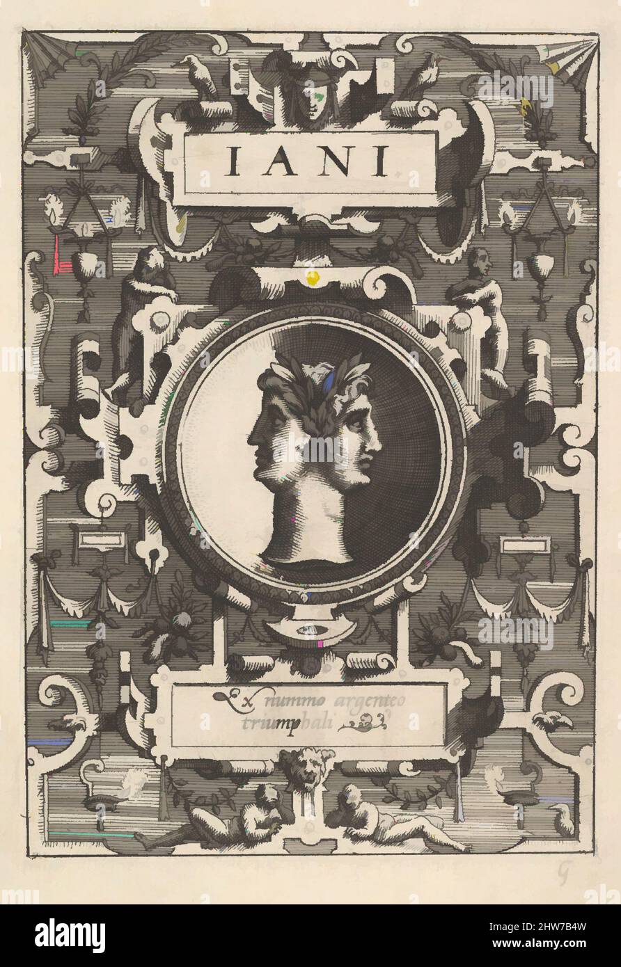 Kunst inspiriert von Büste von Janus, umgeben von einem Strapwork, aus der Serie 'Deorum dearumque', eine Reihe von Bildern von Gottheiten nach Münzen in der Sammlung von Abraham Ortelius, 1573, Radierung, Tafel: 4 13/16 x 3 5/16 Zoll (12,2 x 8,4 cm), möglicherweise nach Gerard van Groeningen (Niederländisches, klassisches Werk, das von Artotop mit einem Schuss Moderne modernisiert wurde. Formen, Farbe und Wert, auffällige visuelle Wirkung auf Kunst. Emotionen durch Freiheit von Kunstwerken auf zeitgemäße Weise. Eine zeitlose Botschaft, die eine wild kreative neue Richtung verfolgt. Künstler, die sich dem digitalen Medium zuwenden und die Artotop NFT erschaffen Stockfoto