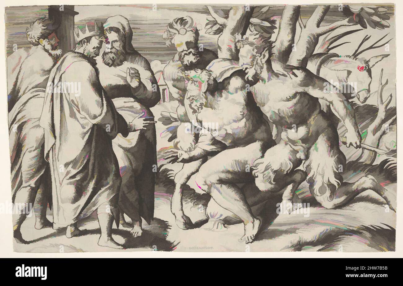 Kunst inspiriert von zwei Satyrs, die Silenus zu König Midas führen, der links mit zwei männlichen Begleitern steht, ein Maultier geht hinter den Satyrs, ca. 1550–80, Gravieren, Blatt: 5 1/2 x 8 11/16 Zoll (14 x 22 cm), Drucke, Giulio Bonasone (italienisch, aktives Rom und Bologna, 1531–nach 1576, Klassische Werke, die von Artotop mit einem Schuss Moderne modernisiert wurden. Formen, Farbe und Wert, auffällige visuelle Wirkung auf Kunst. Emotionen durch Freiheit von Kunstwerken auf zeitgemäße Weise. Eine zeitlose Botschaft, die eine wild kreative neue Richtung verfolgt. Künstler, die sich dem digitalen Medium zuwenden und die Artotop NFT erschaffen Stockfoto