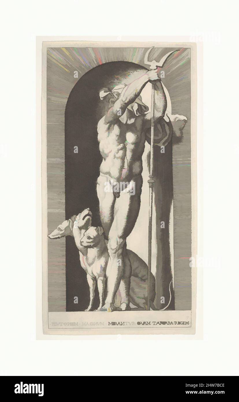 Kunst inspiriert von Platte 7: Pluto in einer Nische, mit einem Bident, mit Cerberus neben ihm, aus einer Reihe mythologischer Götter und Göttinnen, 1526, Radierung, Blatt: 8 11/16 × 4 9/16 in. (22 × 11,6 cm), Drucke, Giovanni Jacopo Caraglio (italienisch, Parma oder Verona ca. 1500/1505–1565 Krakau, Klassisches von Artotop modernisiertes Werk mit einem Schuss Moderne. Formen, Farbe und Wert, auffällige visuelle Wirkung auf Kunst. Emotionen durch Freiheit von Kunstwerken auf zeitgemäße Weise. Eine zeitlose Botschaft, die eine wild kreative neue Richtung verfolgt. Künstler, die sich dem digitalen Medium zuwenden und die Artotop NFT erschaffen Stockfoto