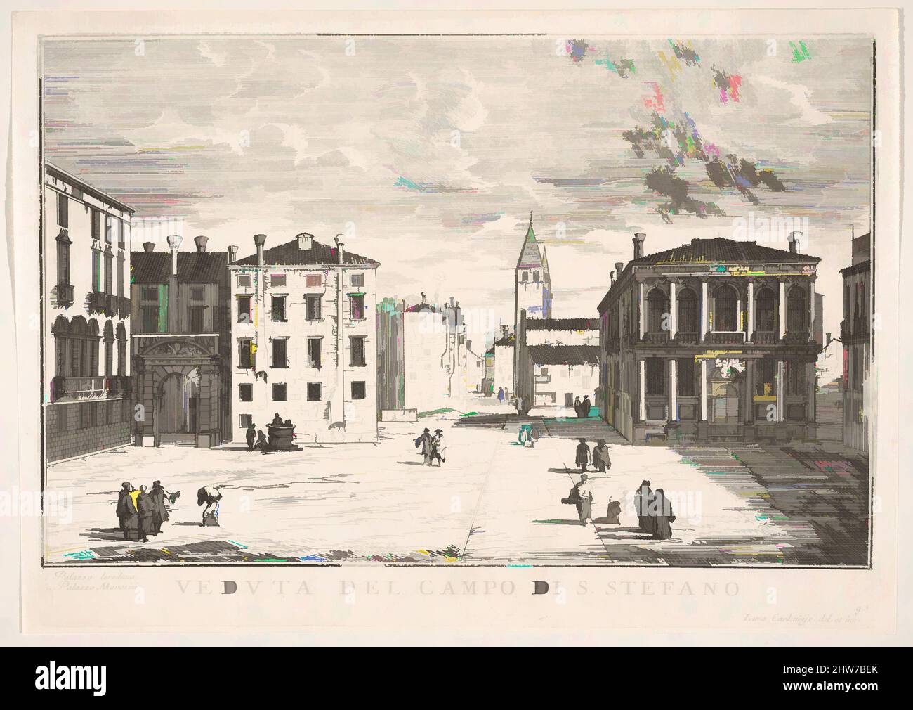 Kunst inspiriert von Tafel 95: Blick auf den Campo Santo Stefano mit dem Palast Loredan und dem Palast Morosini, Venedig, 1703, aus der Serie 'die Gebäude und Ansichten von Venedig' (Le fabriche e vedute di Venezia), 1703, Radierung, Tafel: 8 3/16 x 11 5/8 Zoll (20,8 x 29,5 cm), Luca Carlevaris (Italienisch, Classic Works modernisiert von Artotop mit einem Schuss Moderne. Formen, Farbe und Wert, auffällige visuelle Wirkung auf Kunst. Emotionen durch Freiheit von Kunstwerken auf zeitgemäße Weise. Eine zeitlose Botschaft, die eine wild kreative neue Richtung verfolgt. Künstler, die sich dem digitalen Medium zuwenden und die Artotop NFT erschaffen Stockfoto