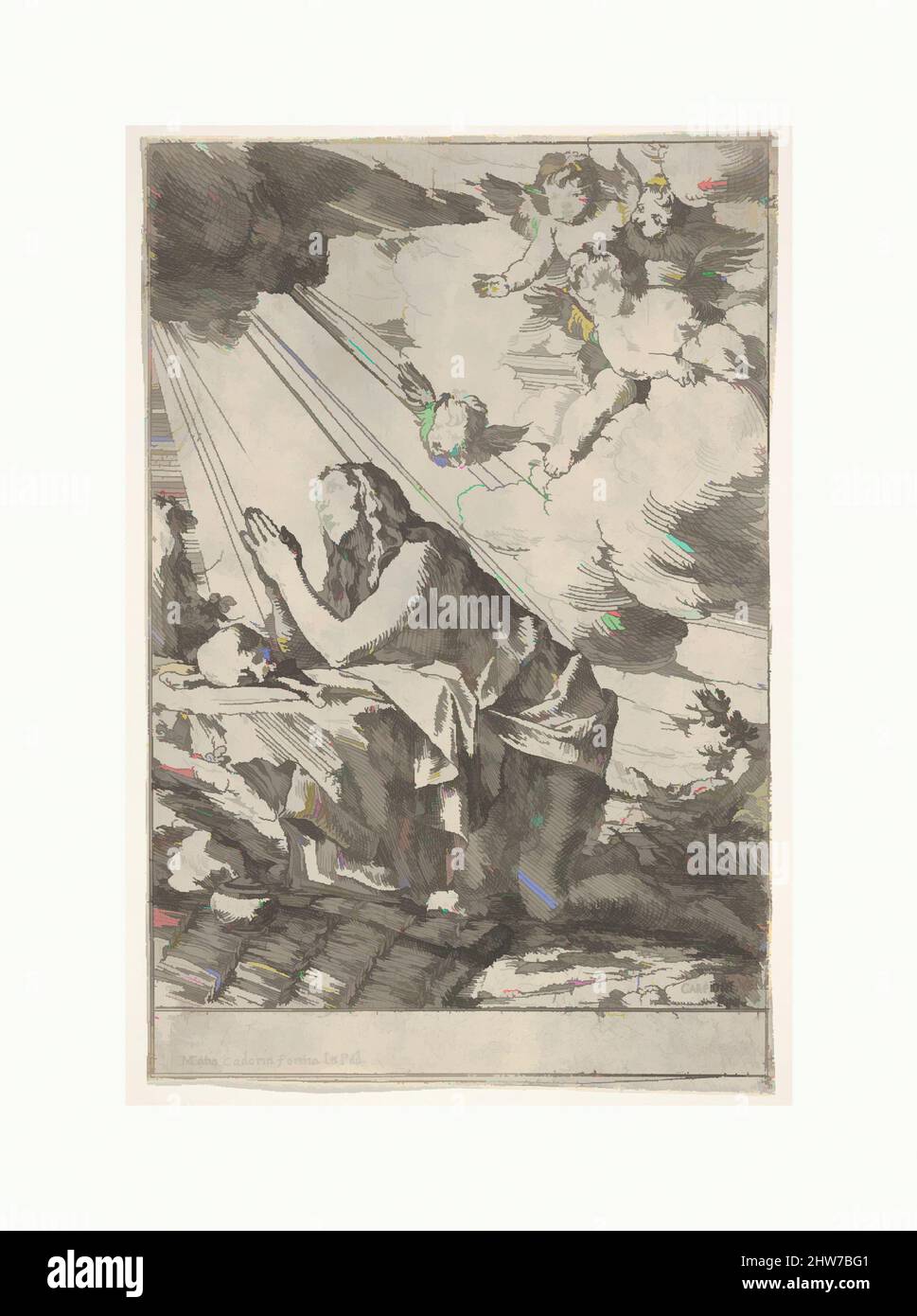 Kunst inspiriert von der Büßigen Magdalena, die auf einem felsigen Boden vor einem Schädel und Knochen kniet, liegt links im Vordergrund ein Salbenglas, Lichtstrahlen und geflügelte Putti steigen von oben herab, ca. 1640–55, Radierung, Blatt: 8 9/16 x 5 11/16 Zoll (21,8 x 14,4 cm), Drucke, Giulio Carpioni (Italienisch, Klassische Werke, die von Artotop mit einem Schuss Moderne modernisiert wurden. Formen, Farbe und Wert, auffällige visuelle Wirkung auf Kunst. Emotionen durch Freiheit von Kunstwerken auf zeitgemäße Weise. Eine zeitlose Botschaft, die eine wild kreative neue Richtung verfolgt. Künstler, die sich dem digitalen Medium zuwenden und die Artotop NFT erschaffen Stockfoto