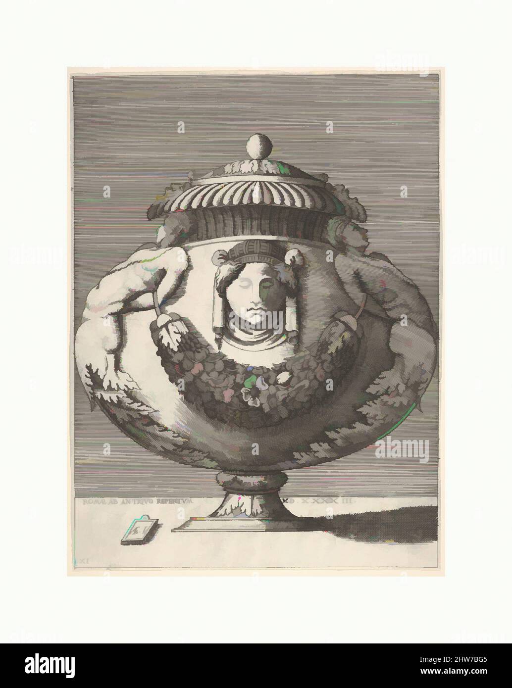 Kunst inspiriert von antiker, lidierter Urne mit hybriden männlichen Sphinxes und einer weiblichen Maske auf dem Körper, aus Vasen nach dem Antiken, 1543 oder danach, Gravur, erster oder zweiter Zustand, Bild: 10 3/8 x 7 11/16 Zoll (26,4 x 19,5 cm) innerhalb von Plattenmarkierung auf allen Seiten abgeschnitten, Enea Vico (Italienisch, Parma 1523, Classic Works modernisiert von Artotop mit einem Schuss Moderne. Formen, Farbe und Wert, auffällige visuelle Wirkung auf Kunst. Emotionen durch Freiheit von Kunstwerken auf zeitgemäße Weise. Eine zeitlose Botschaft, die eine wild kreative neue Richtung verfolgt. Künstler, die sich dem digitalen Medium zuwenden und die Artotop NFT erschaffen Stockfoto