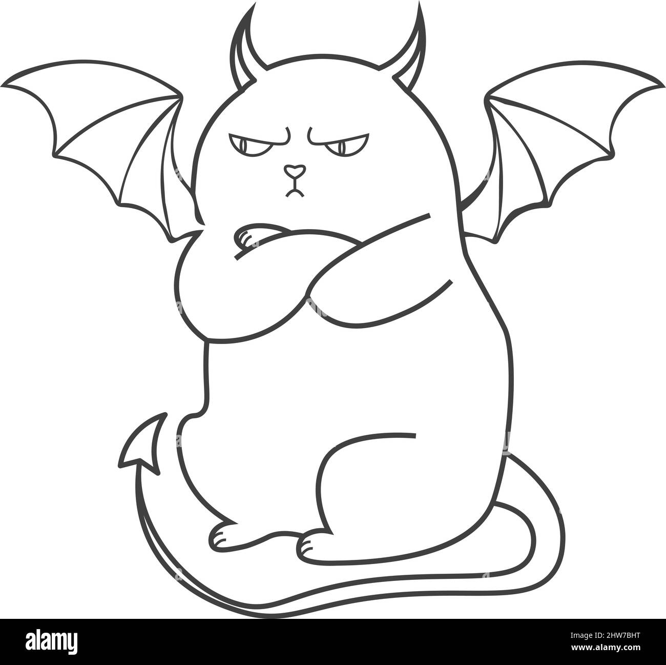 Lustige Tier Charakter wütend Katze mit Teufel Flügel Zeichnung in Umriss-Stil Stock Vektor