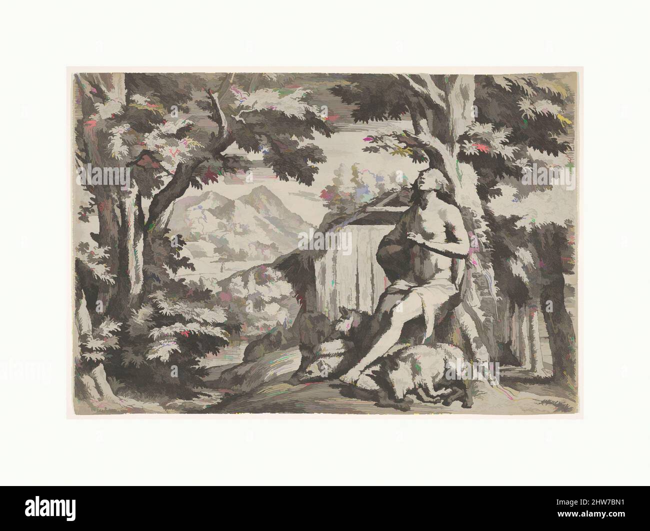Kunst inspiriert von dem verlorenen Sohn, der am Fuß eines Baumes unter den Schweinen sitzt, sein Blick nach oben gerichtet und seine Hände auf seine Brust gefaltet, umgeben von einer bewaldeten Landschaft und einem Schweinestall, ca. 1640–50, Radierung, Blatt: 8 1/8 x 12 Zoll (20,6 x 30,5 cm), Drucke, Pietro Testa (Italienisch, Lucca 1612–, Klassische Werke, die von Artotop mit einem Schuss Moderne modernisiert wurden. Formen, Farbe und Wert, auffällige visuelle Wirkung auf Kunst. Emotionen durch Freiheit von Kunstwerken auf zeitgemäße Weise. Eine zeitlose Botschaft, die eine wild kreative neue Richtung verfolgt. Künstler, die sich dem digitalen Medium zuwenden und die Artotop NFT erschaffen Stockfoto