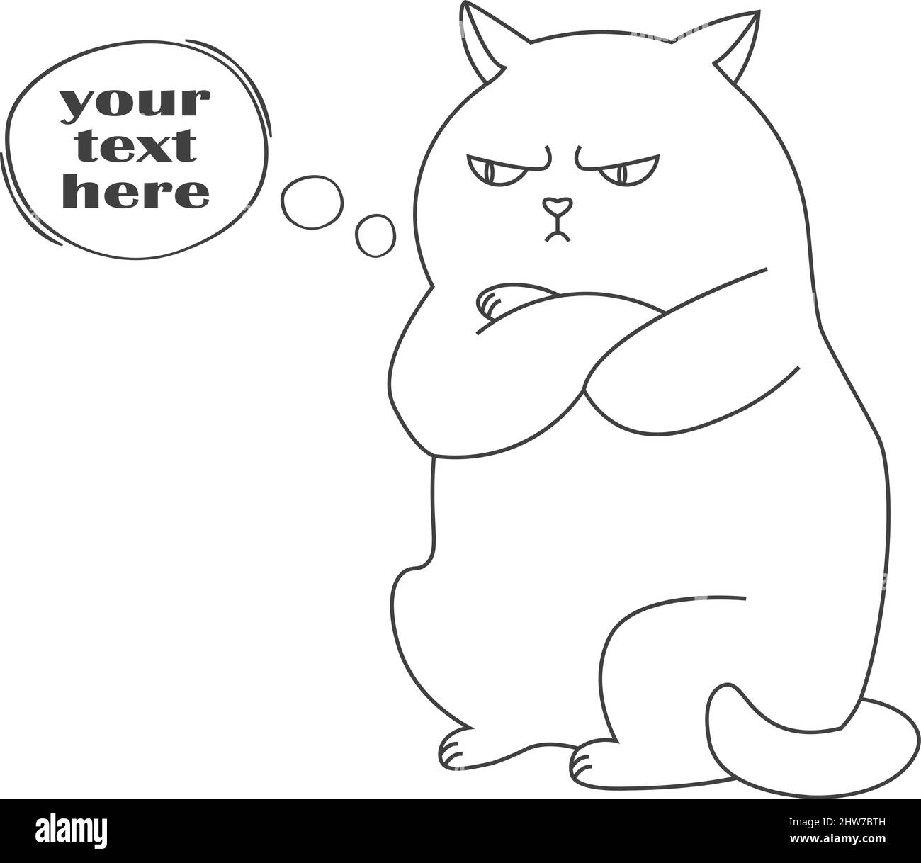 Wütend fette Katze mit Zitat Blase Ihren Text hier Zeichnung in Umriss-Stil Stock Vektor
