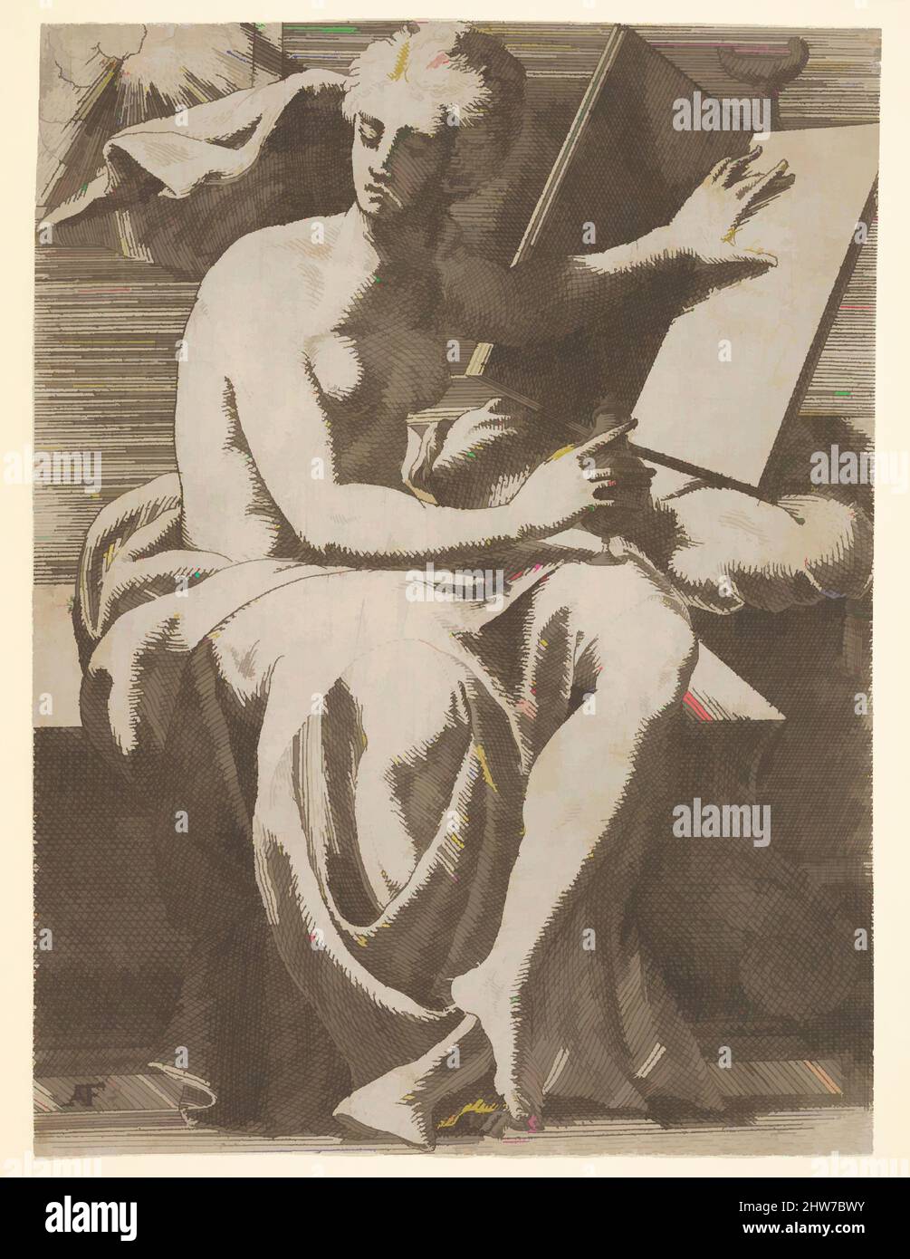 Von Sibyl inspirierte Kunst vor einem offenen Buch sitzend, auf dem sie ihre linke Hand auflegt, dreht sie ihr Gesicht vom Buch weg und hält ein Gefäß in ihrer rechten Hand, Ätzung, Blatt: 8 7/8 x 6 9/16 Zoll (22,5 x 16,7 cm), Drucke, Antonio Fantuzzi (Italienisch, aktives Frankreich, 1537–45), Danach modernisierte Classic Works von Artotop mit einem Schuss Moderne. Formen, Farbe und Wert, auffällige visuelle Wirkung auf Kunst. Emotionen durch Freiheit von Kunstwerken auf zeitgemäße Weise. Eine zeitlose Botschaft, die eine wild kreative neue Richtung verfolgt. Künstler, die sich dem digitalen Medium zuwenden und die Artotop NFT erschaffen Stockfoto
