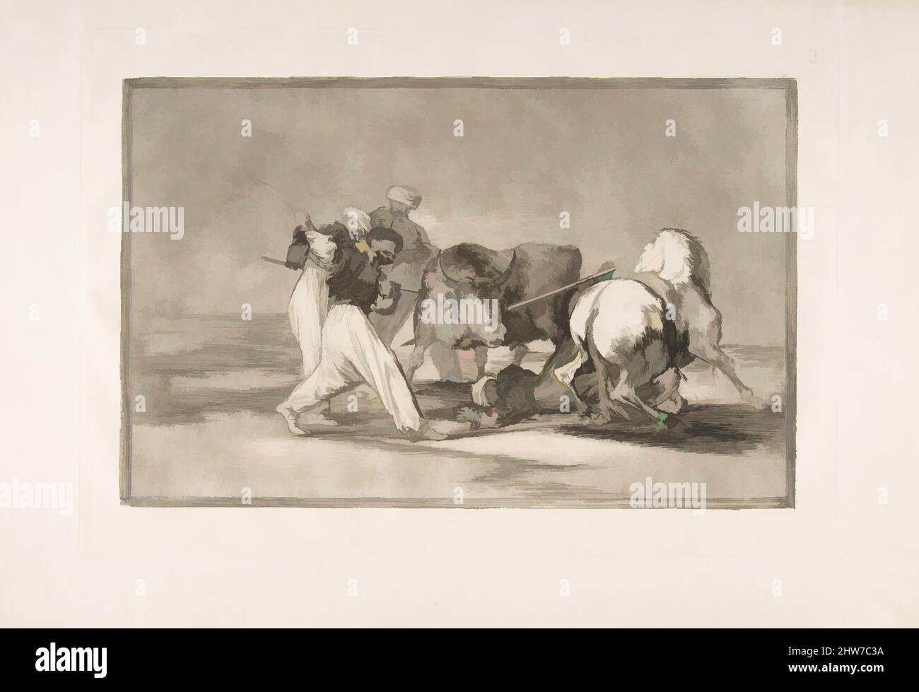 Kunst inspiriert von Tafel 3 der 'Tauromaquia': Die Mauren ließen sich in Spanien nieder, gaben den Aberglauben des Korans auf, übernahmen diese Kunst der Jagd und Speer einen Stier im Freien, 1816, Ätzung, brüniertes Aquatinta, Trockenpunkt und Burin, Platte: 9 5/8 x 13 3/4 Zoll (24,5 x 35 cm), Drucke, Goya (, Klassisches Werk, das von Artotop mit einem Schuss Modernität modernisiert wurde. Formen, Farbe und Wert, auffällige visuelle Wirkung auf Kunst. Emotionen durch Freiheit von Kunstwerken auf zeitgemäße Weise. Eine zeitlose Botschaft, die eine wild kreative neue Richtung verfolgt. Künstler, die sich dem digitalen Medium zuwenden und die Artotop NFT erschaffen Stockfoto