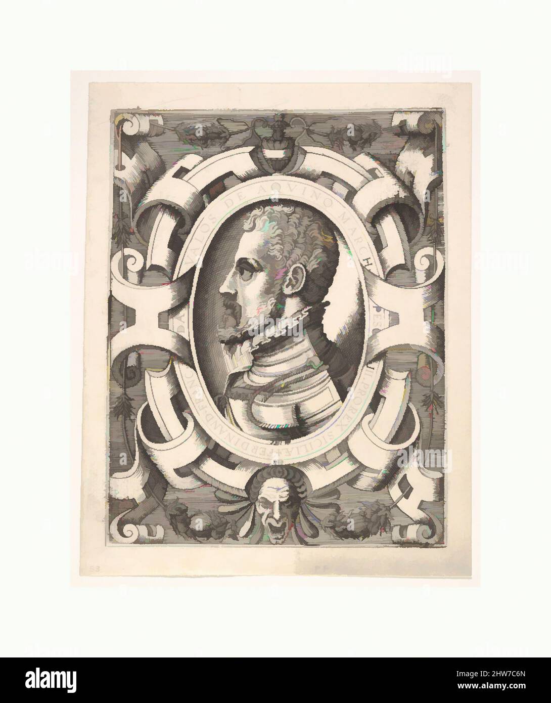Kunst inspiriert von Büste Porträt von Ferdinando Francesco de Avalos, marquis von Pescara, in einem ovalen ornamentierten Rahmen, 1568, Gravur, Platte: 6 9/16 x 5 3/16 Zoll (16,6 x 13,1 cm), Nicolò Nelli (Italienisch, aktiv in Venedig, ca. 1552–79, von Artotop modernisierte klassische Werke mit einem Schuss Moderne. Formen, Farbe und Wert, auffällige visuelle Wirkung auf Kunst. Emotionen durch Freiheit von Kunstwerken auf zeitgemäße Weise. Eine zeitlose Botschaft, die eine wild kreative neue Richtung verfolgt. Künstler, die sich dem digitalen Medium zuwenden und die Artotop NFT erschaffen Stockfoto