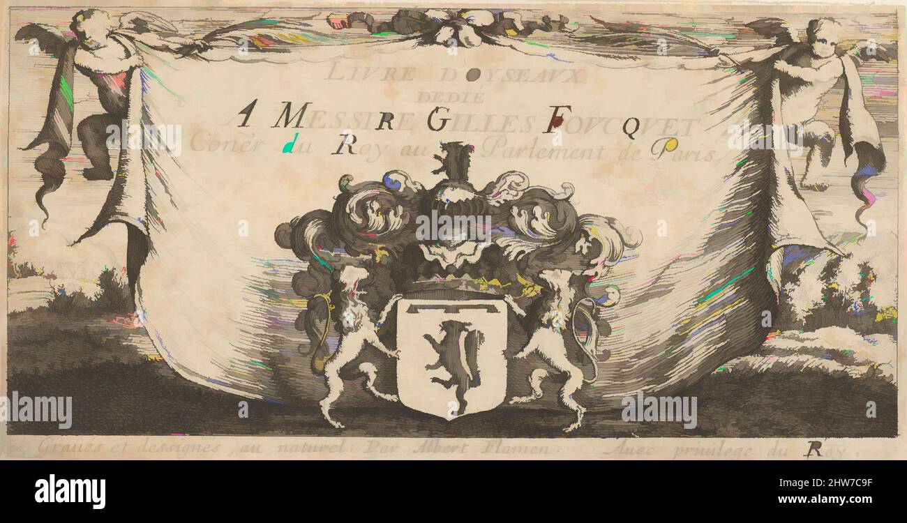 Kunst inspiriert von Titelseite: Livre d'Oyseaux (Buch der Vögel), 1655–1660, Radierung, Blatt: 4 x 7 15/16 Zoll (10,2 x 20,2 cm), Drucke, Albert Flamen (Flämisch, geboren um 1620, aktiv 1648–88, Klassisches Werk, modernisiert von Artotop mit einem Schuss Moderne. Formen, Farbe und Wert, auffällige visuelle Wirkung auf Kunst. Emotionen durch Freiheit von Kunstwerken auf zeitgemäße Weise. Eine zeitlose Botschaft, die eine wild kreative neue Richtung verfolgt. Künstler, die sich dem digitalen Medium zuwenden und die Artotop NFT erschaffen Stockfoto
