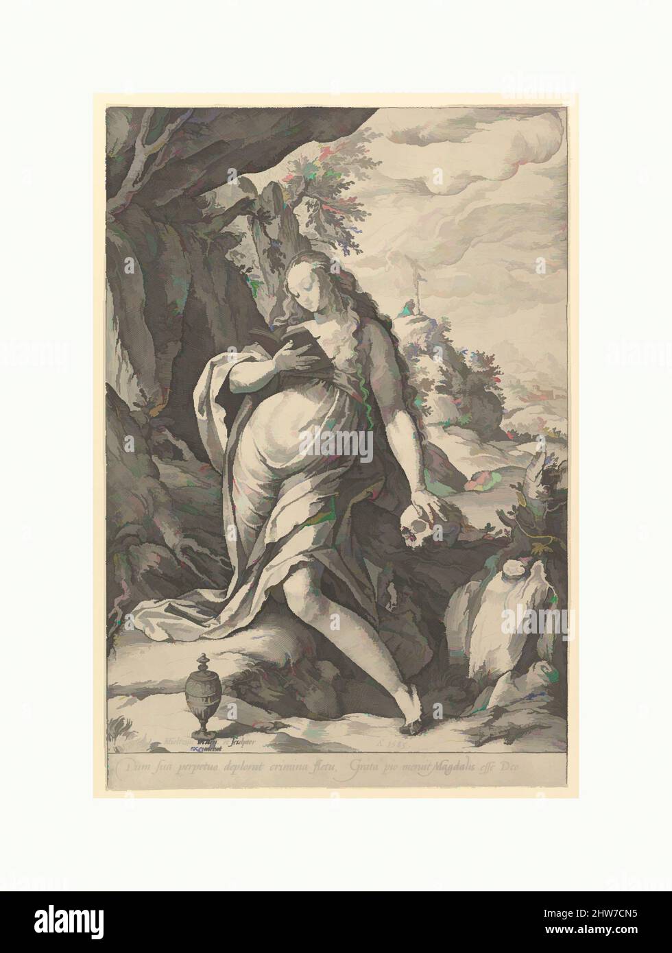 Kunst inspiriert von der heiligen Maria Magdalena Büßer, 1585, Gravur; erster Zustand von zwei, Blatt: 11 1/2 x 7 13/16 Zoll (29,2 x 19,9 cm), Drucke, Hendrick Goltzius (Niederländisch, Mühlbracht 1558–1617 Haarlem, Klassische Werke, die von Artotop mit einem Schuss Moderne modernisiert wurden. Formen, Farbe und Wert, auffällige visuelle Wirkung auf Kunst. Emotionen durch Freiheit von Kunstwerken auf zeitgemäße Weise. Eine zeitlose Botschaft, die eine wild kreative neue Richtung verfolgt. Künstler, die sich dem digitalen Medium zuwenden und die Artotop NFT erschaffen Stockfoto