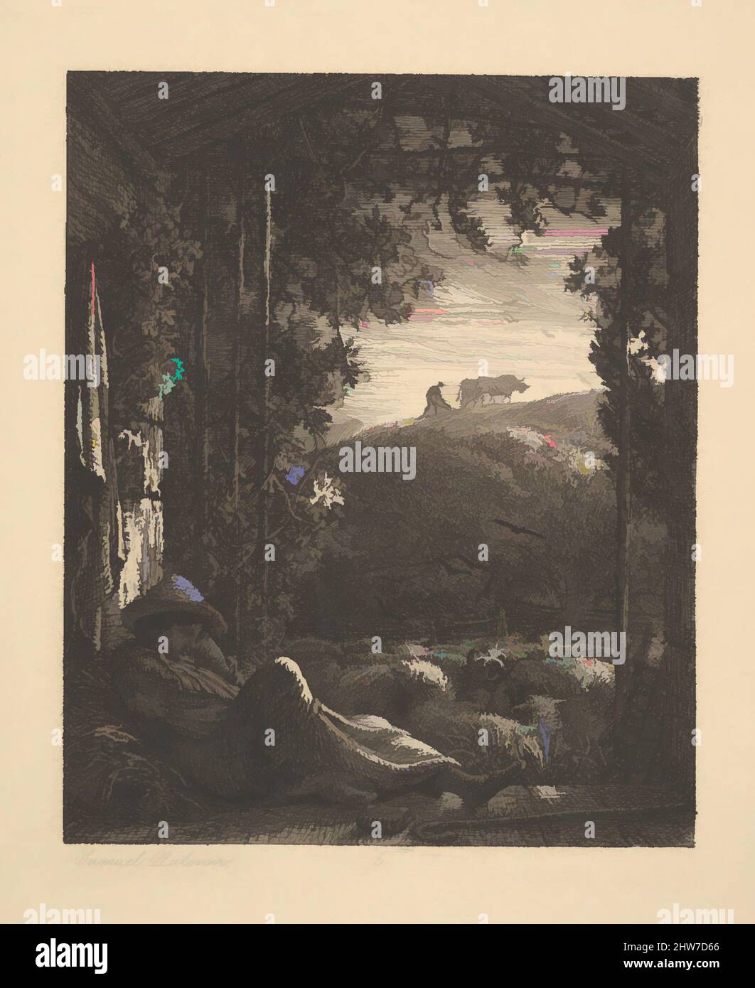 Art inspired by the Sleeping Shepherd, Early Morning, 1857, Etching on Chine collé; vierter Zustand von vier, Teller: 4 15/16 x 4 Zoll (12,5 x 10,2 cm), Drucke, Samuel Palmer (British, London 1805–1881 Redhill, Surrey, Klassische Werke, die von Artotop mit einem Hauch von Moderne modernisiert wurden. Formen, Farbe und Wert, auffällige visuelle Wirkung auf Kunst. Emotionen durch Freiheit von Kunstwerken auf zeitgemäße Weise. Eine zeitlose Botschaft, die eine wild kreative neue Richtung verfolgt. Künstler, die sich dem digitalen Medium zuwenden und die Artotop NFT erschaffen Stockfoto