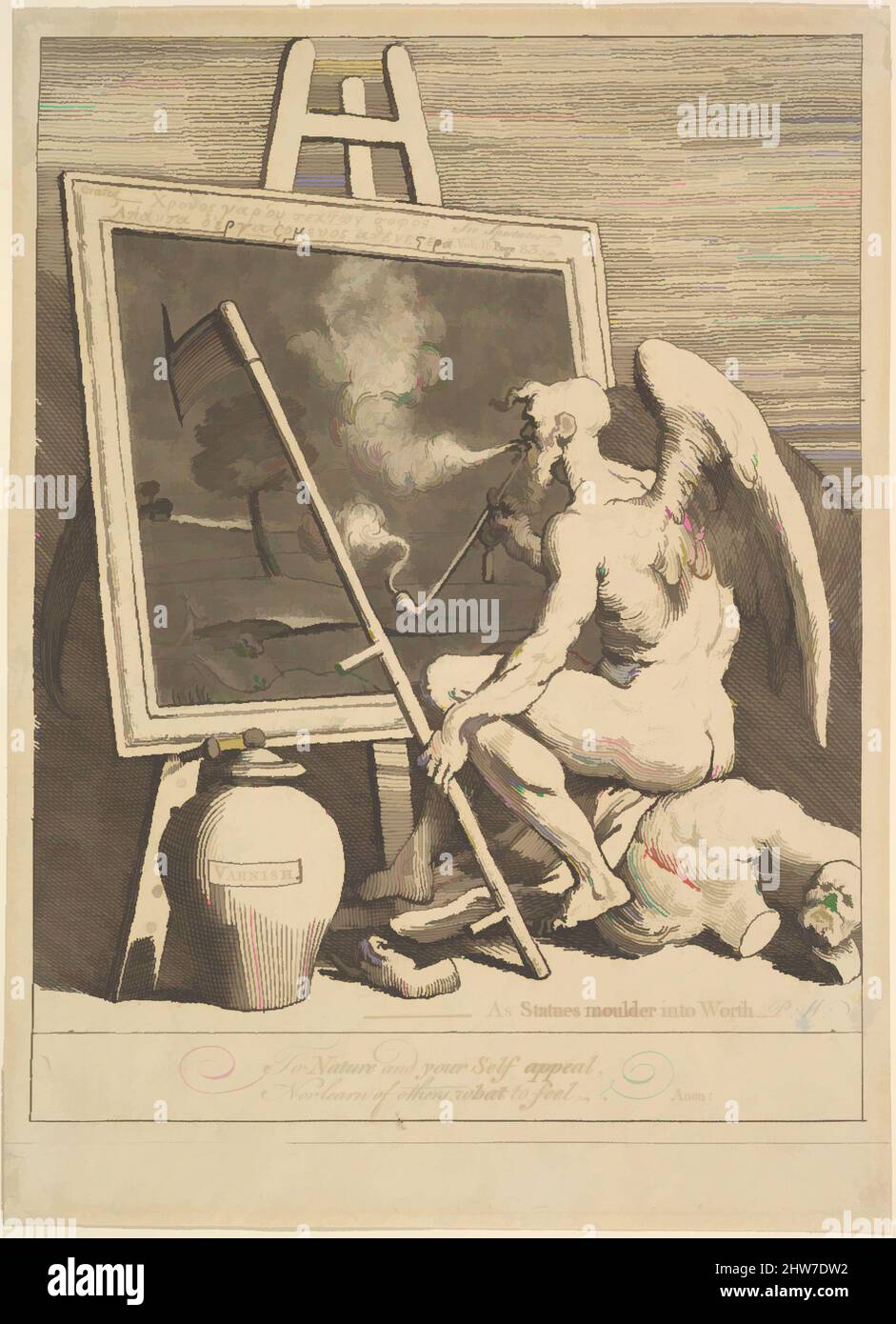 Art Inspired by Time Smoking a Picture, März 1761, Radierung und Mezzotint; zweiter Zustand von drei, Blatt: 9 11/16 x 7 1/16 Zoll (24,6 x 18 cm), Drucke, William Hogarth (British, London 1697–1764 London, Klassische Werke, die von Artotop mit einem Schuss Moderne modernisiert wurden. Formen, Farbe und Wert, auffällige visuelle Wirkung auf Kunst. Emotionen durch Freiheit von Kunstwerken auf zeitgemäße Weise. Eine zeitlose Botschaft, die eine wild kreative neue Richtung verfolgt. Künstler, die sich dem digitalen Medium zuwenden und die Artotop NFT erschaffen Stockfoto