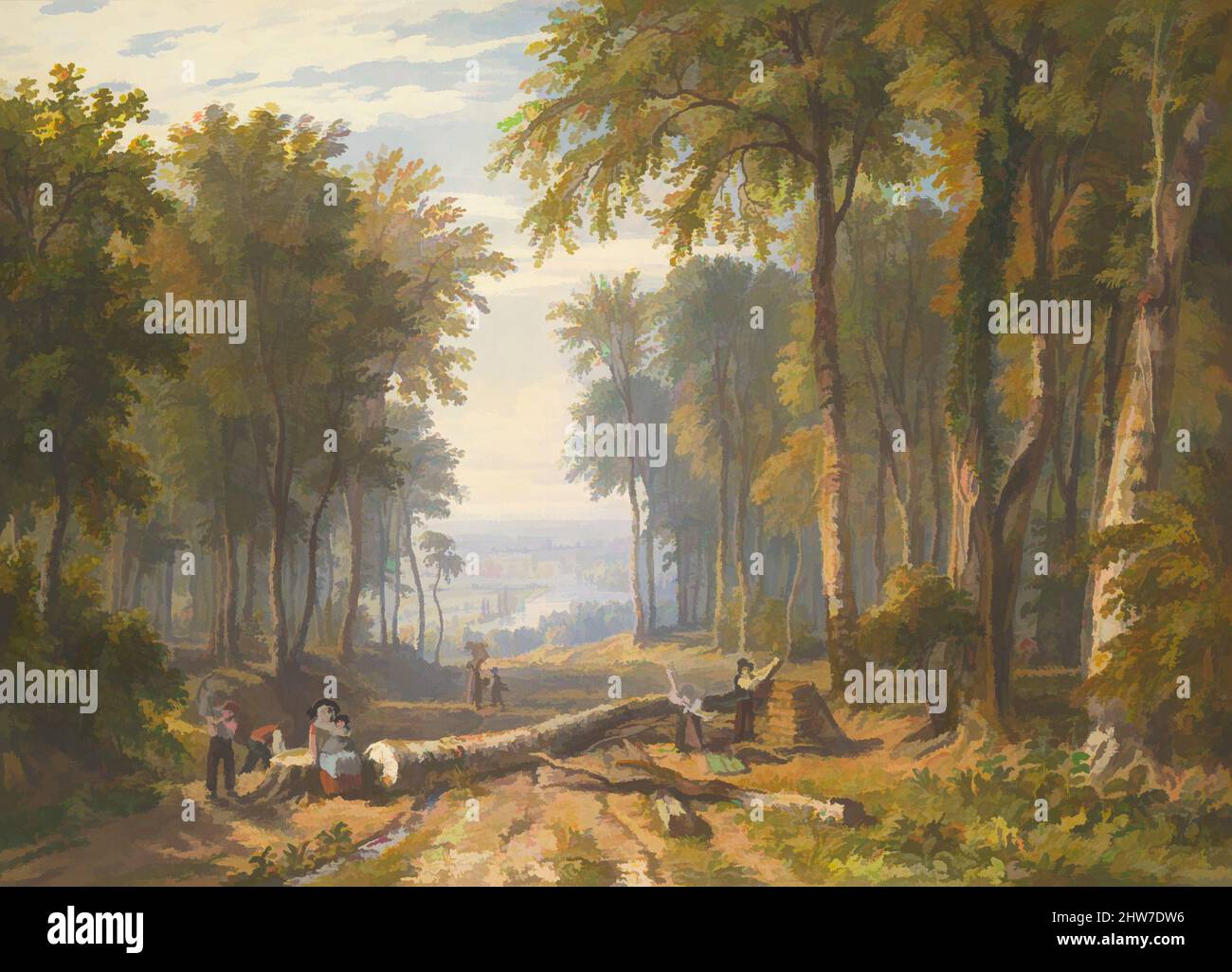 Von Holzfällern inspirierte Kunst am Park Place, Henley, The River Thames Beyond, ca. 1826, Graphit, Aquarell und Gouache mit Gummi arabisch und kratzend, Blatt: 9 5/8 x 13 3/8 Zoll (24,4 x 33,9 cm), Zeichnungen, William Havell (britisch, Reading 1782–1857 London), Eine blau gefärbte Darstellung, Klassische Werke, die von Artotop mit einem Hauch von Moderne modernisiert wurden. Formen, Farbe und Wert, auffällige visuelle Wirkung auf Kunst. Emotionen durch Freiheit von Kunstwerken auf zeitgemäße Weise. Eine zeitlose Botschaft, die eine wild kreative neue Richtung verfolgt. Künstler, die sich dem digitalen Medium zuwenden und die Artotop NFT erschaffen Stockfoto