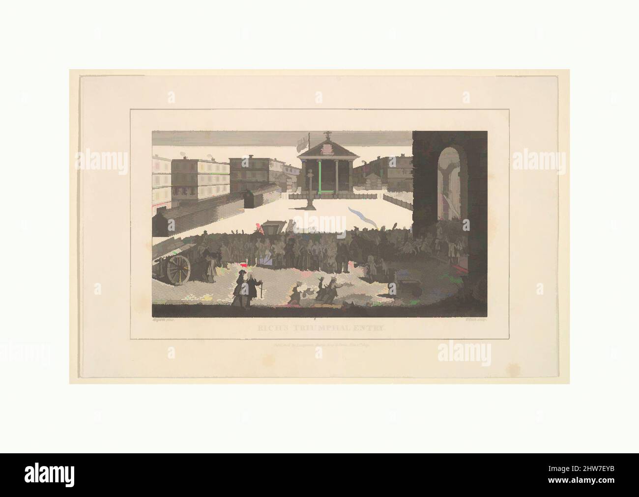 Kunst inspiriert von Rich's Glory oder seinem triumphierenden Eintritt in Covent Garden, 1732. Dezember, 1. November 1809, Gravur, Blatt: 5 3/4 x 9 1/8 Zoll (14,6 x 23,1 cm), Drucke, nach dem Design, das William Hogarth zugeschrieben wird (British, London 1697–1764 London, Klassische Werke, die von Artotop mit einem Schuss Moderne modernisiert wurden. Formen, Farbe und Wert, auffällige visuelle Wirkung auf Kunst. Emotionen durch Freiheit von Kunstwerken auf zeitgemäße Weise. Eine zeitlose Botschaft, die eine wild kreative neue Richtung verfolgt. Künstler, die sich dem digitalen Medium zuwenden und die Artotop NFT erschaffen Stockfoto